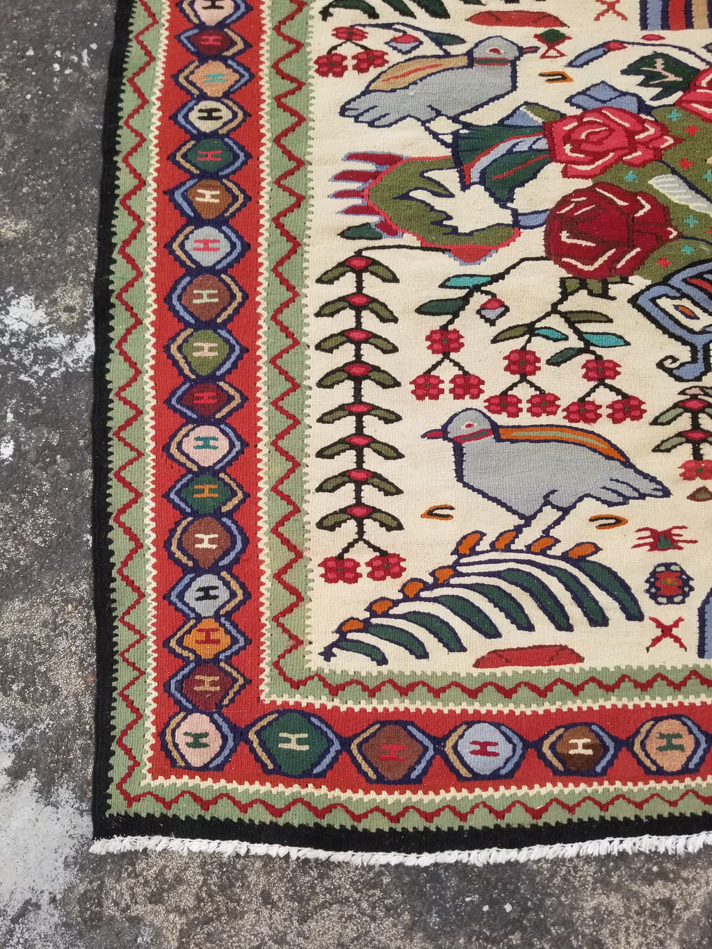 Vintage Traditional Handwoven Pictorial Birds & Floral Wool Kilim 224x134cm
