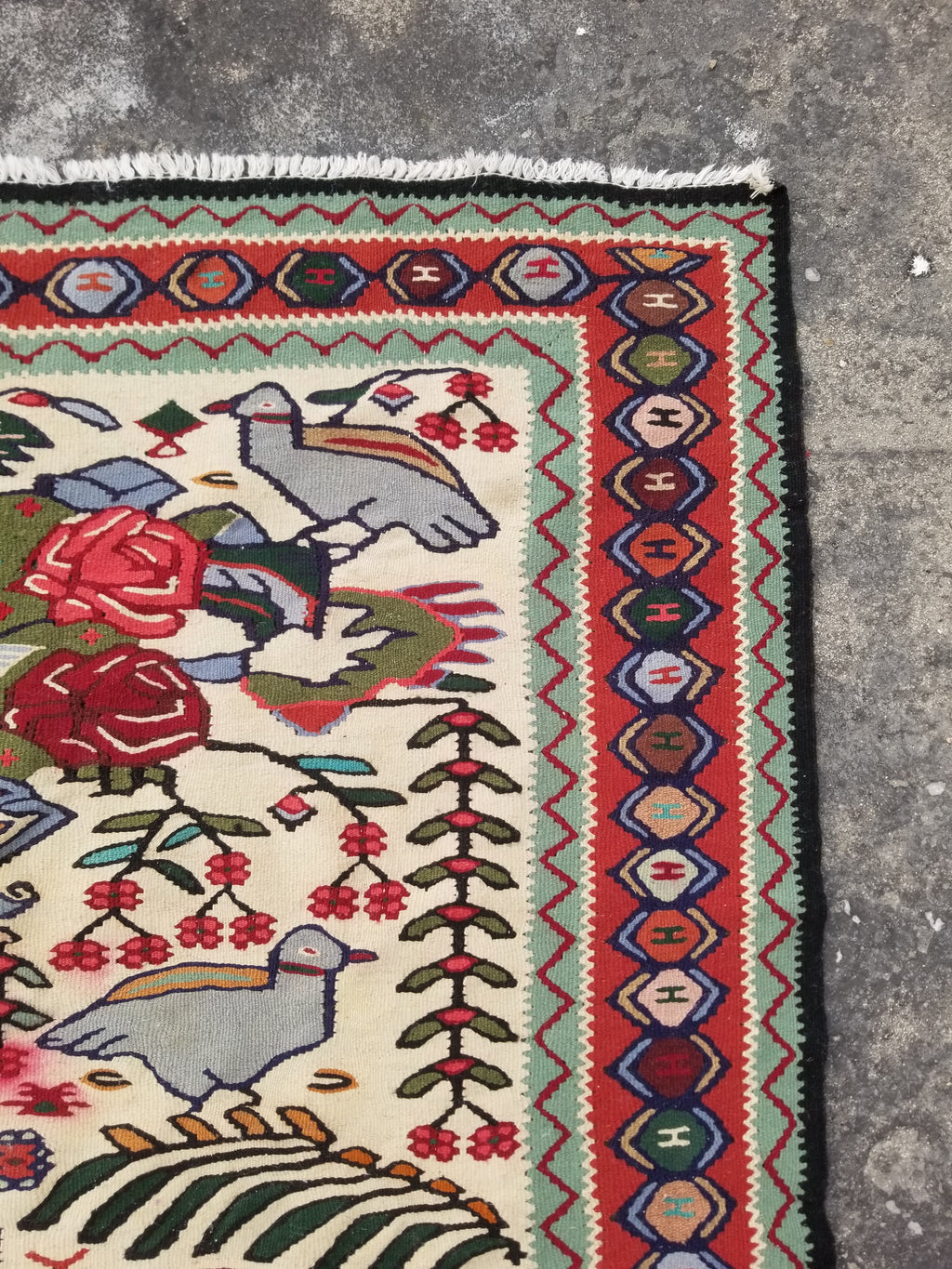 Vintage Traditional Handwoven Pictorial Birds & Floral Wool Kilim 224x134cm