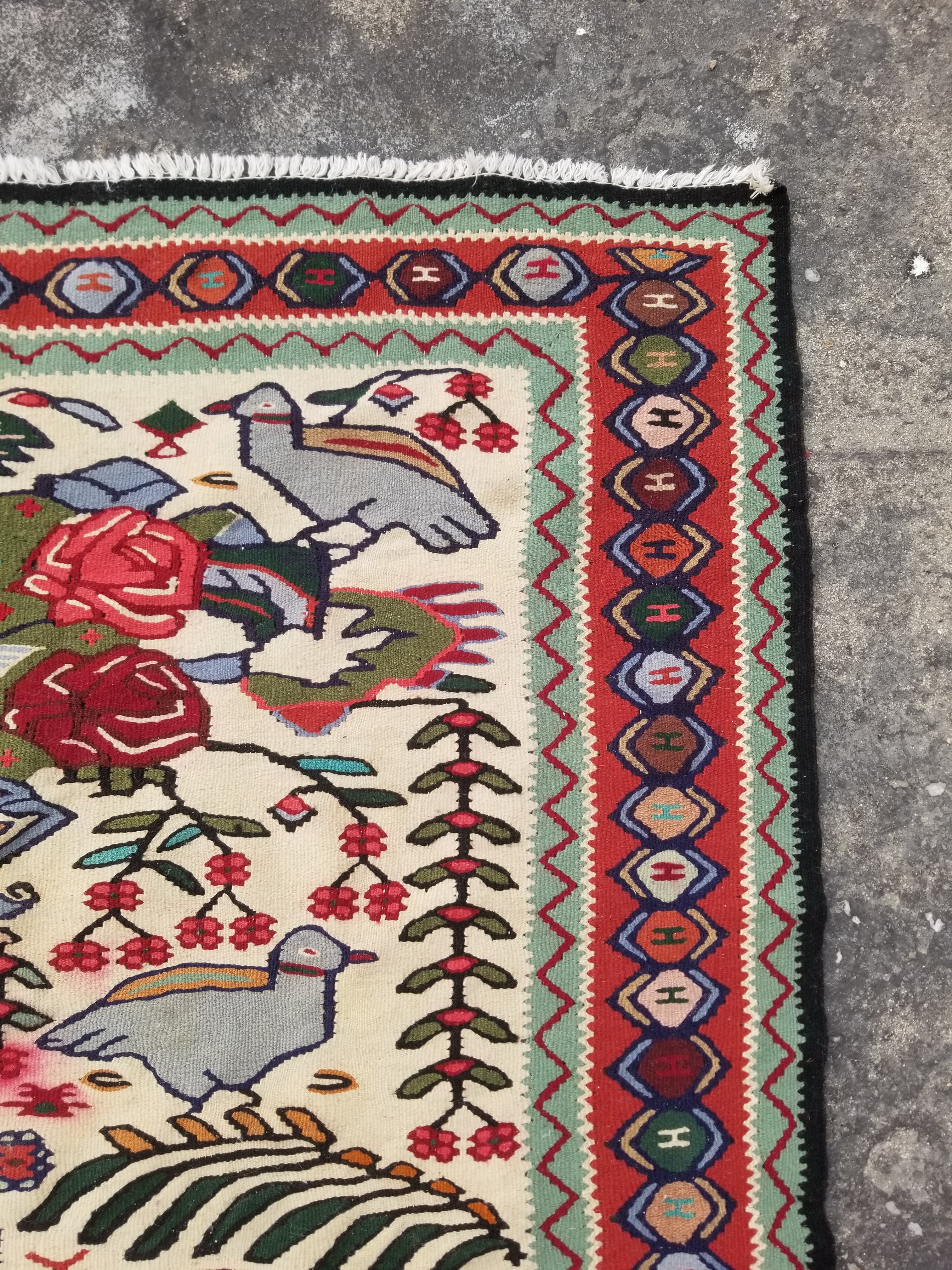 Vintage Traditional Handwoven Pictorial Birds & Floral Wool Kilim 224x134cm