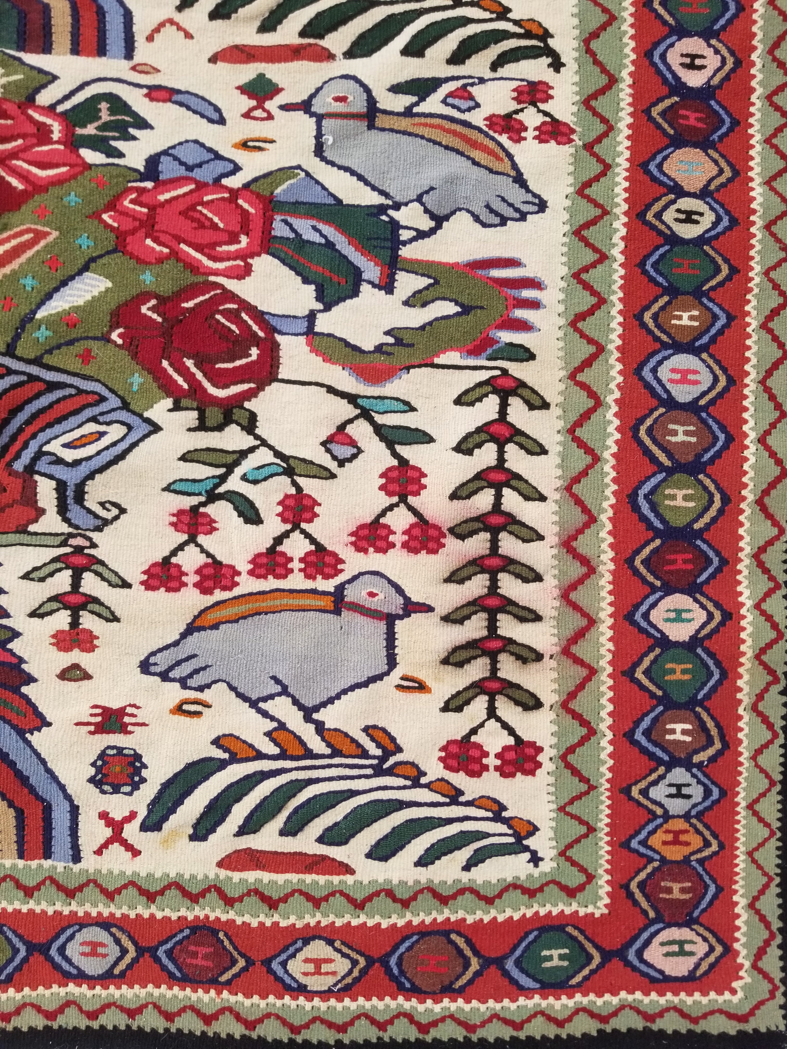 Vintage Traditional Handwoven Pictorial Birds & Floral Wool Kilim 224x134cm