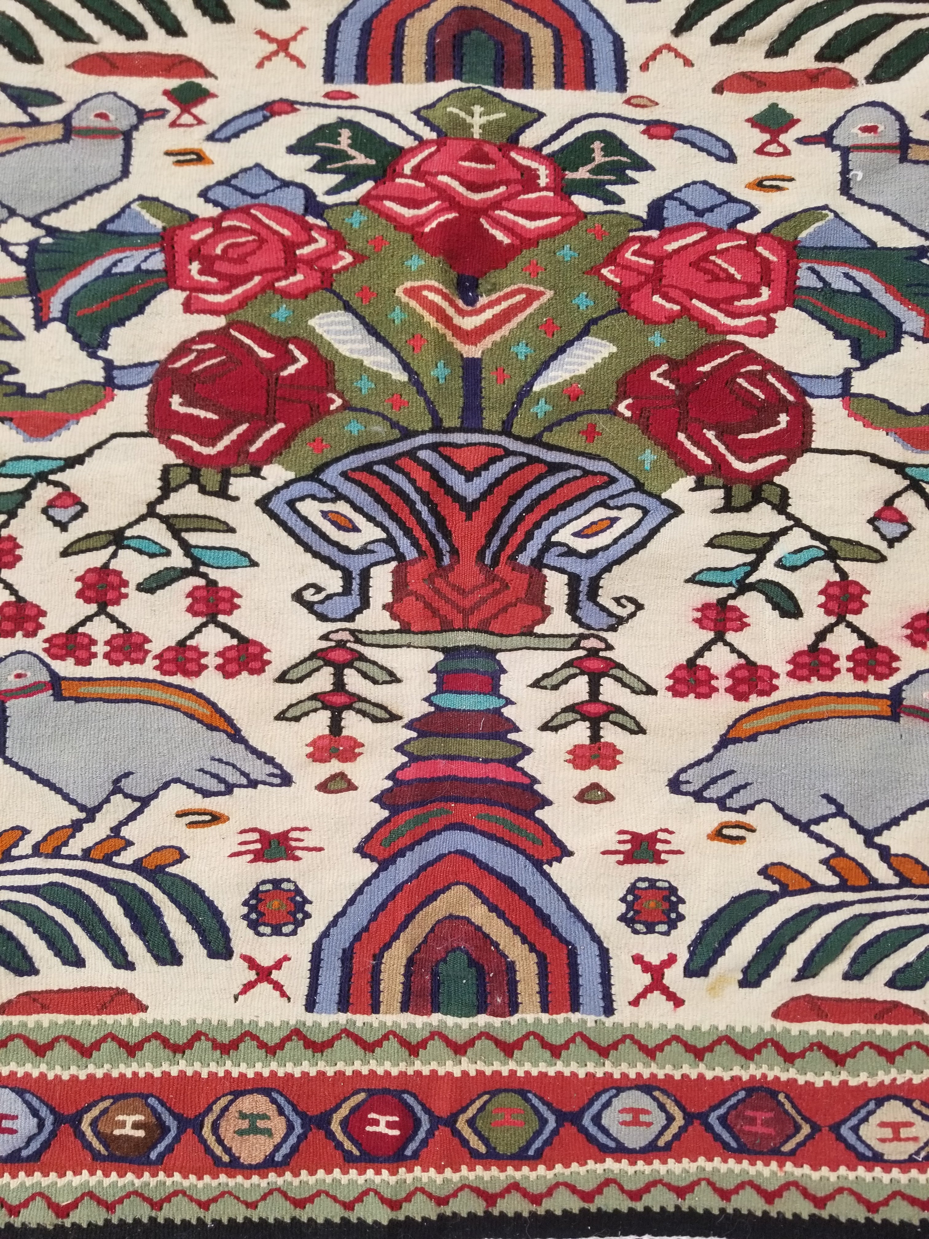 Vintage Traditional Handwoven Pictorial Birds & Floral Wool Kilim 224x134cm