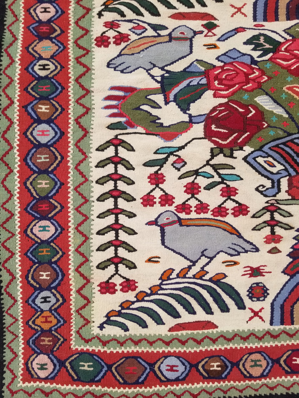 Vintage Traditional Handwoven Pictorial Birds & Floral Wool Kilim 224x134cm