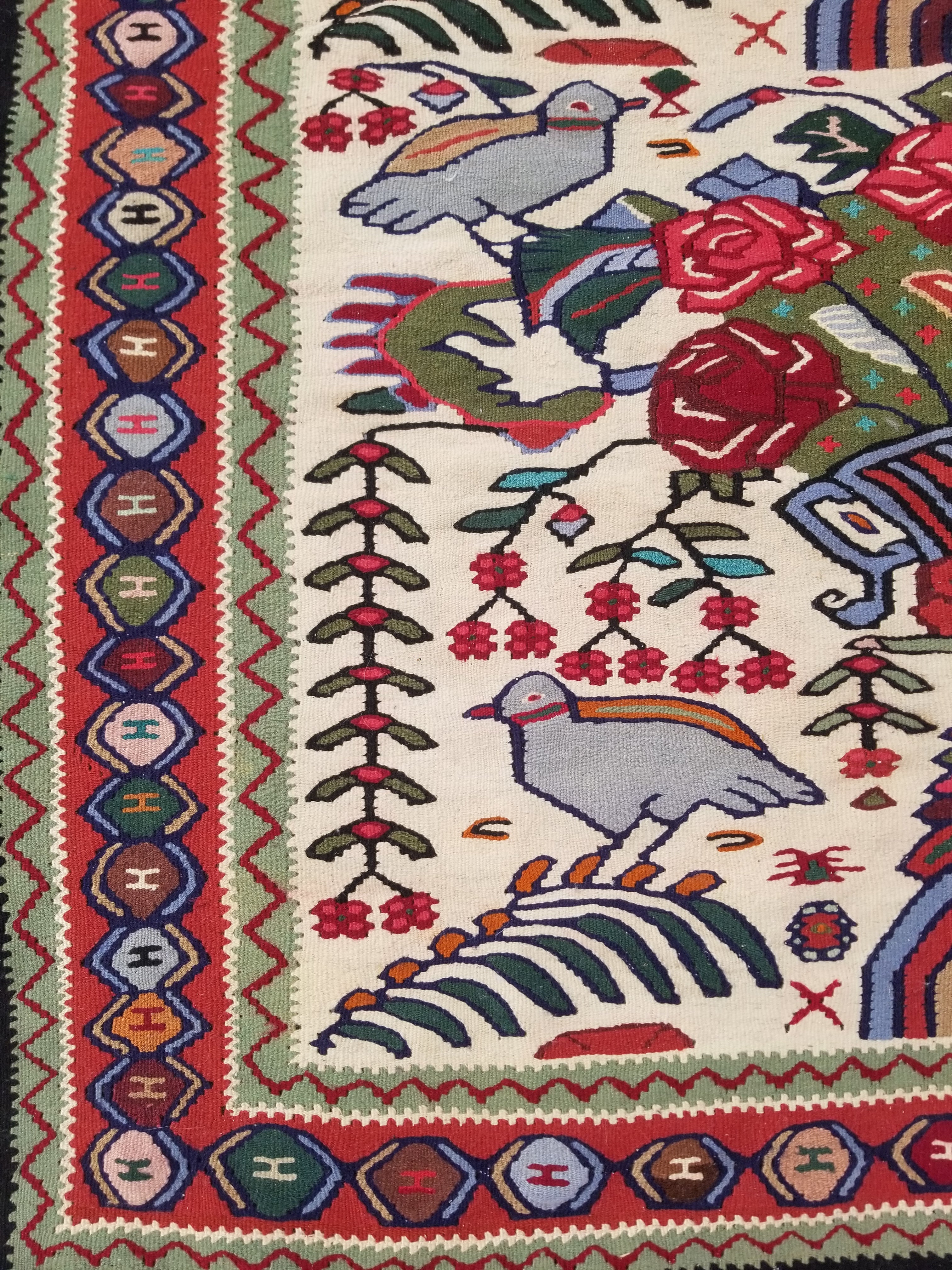 Vintage Traditional Handwoven Pictorial Birds & Floral Wool Kilim 224x134cm