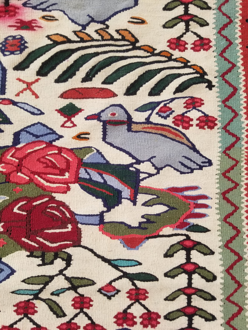 Vintage Traditional Handwoven Pictorial Birds & Floral Wool Kilim 224x134cm