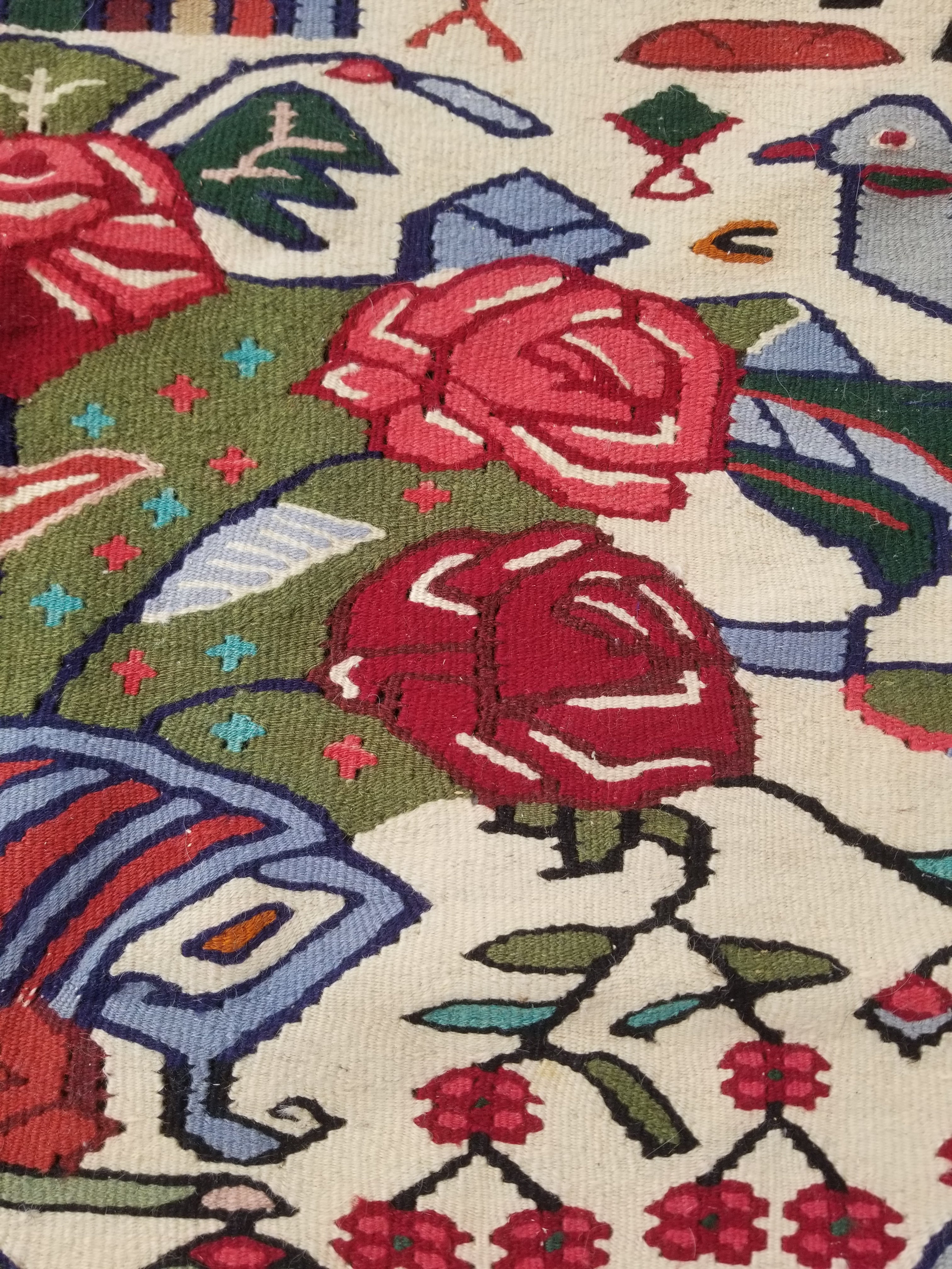 Vintage Traditional Handwoven Pictorial Birds & Floral Wool Kilim 224x134cm