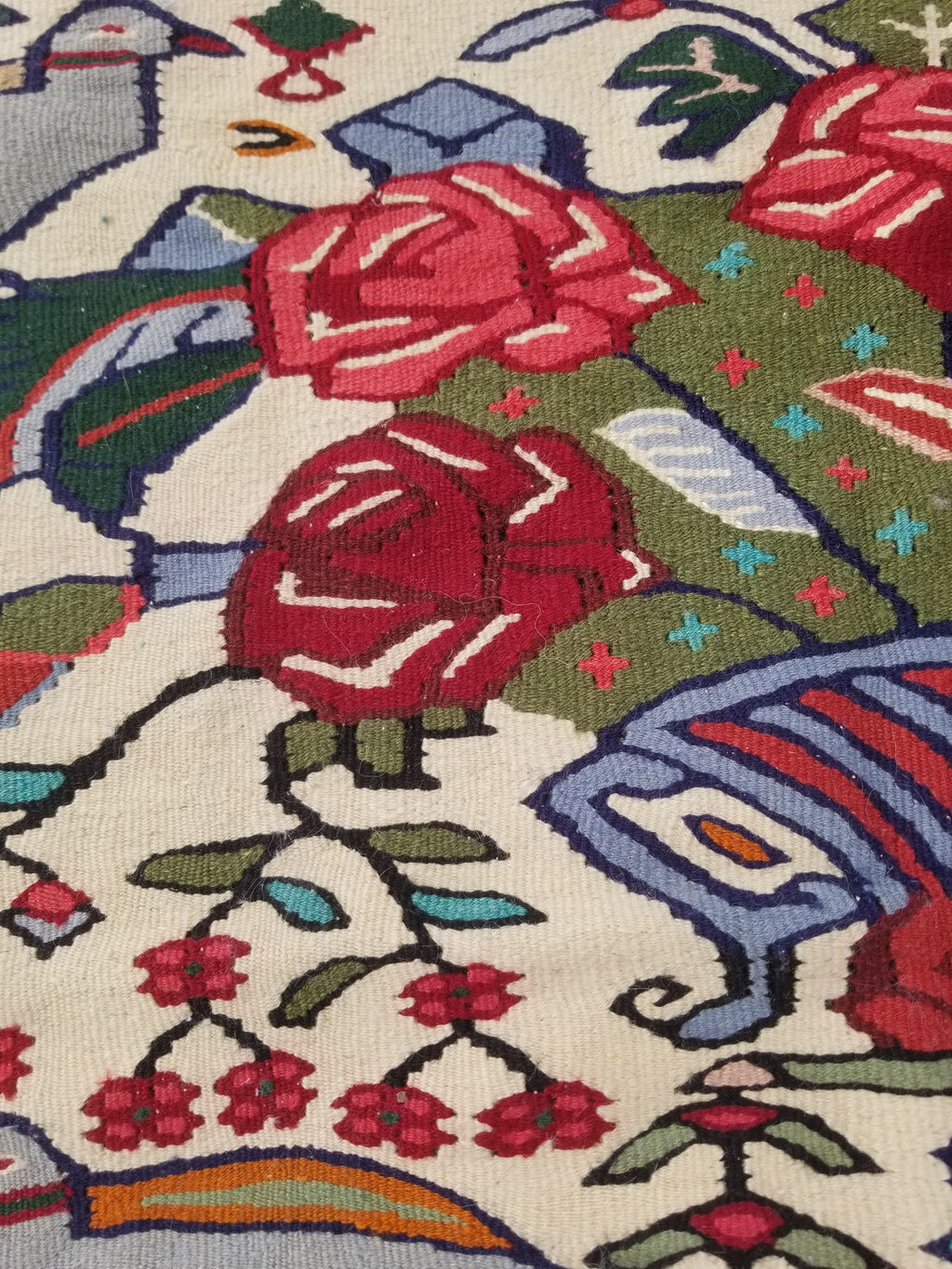 Vintage Traditional Handwoven Pictorial Birds & Floral Wool Kilim 224x134cm