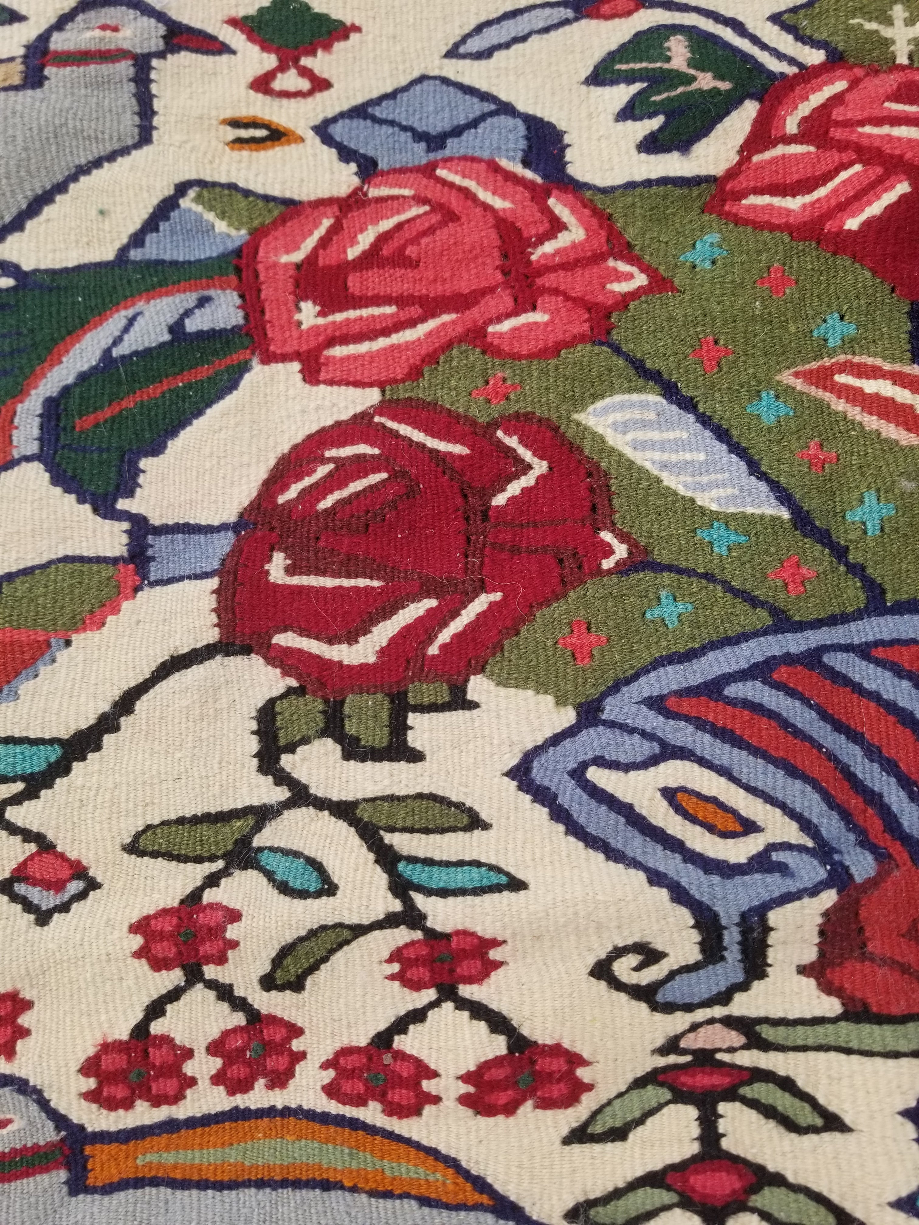 Vintage Traditional Handwoven Pictorial Birds & Floral Wool Kilim 224x134cm