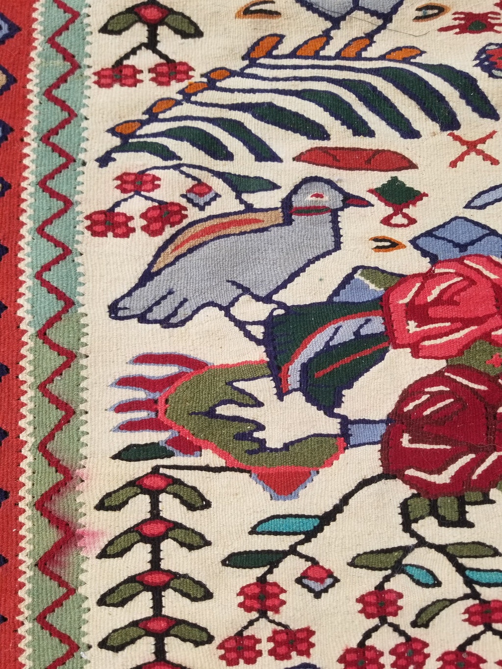 Vintage Traditional Handwoven Pictorial Birds & Floral Wool Kilim 224x134cm