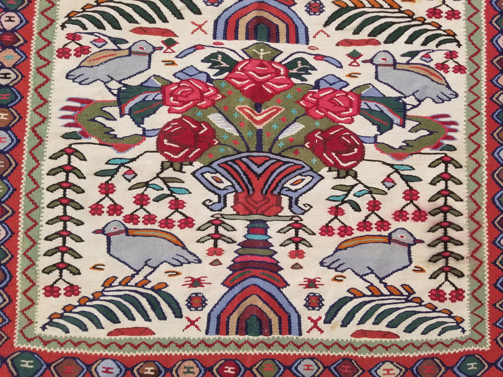 Vintage Traditional Handwoven Pictorial Birds & Floral Wool Kilim 224x134cm