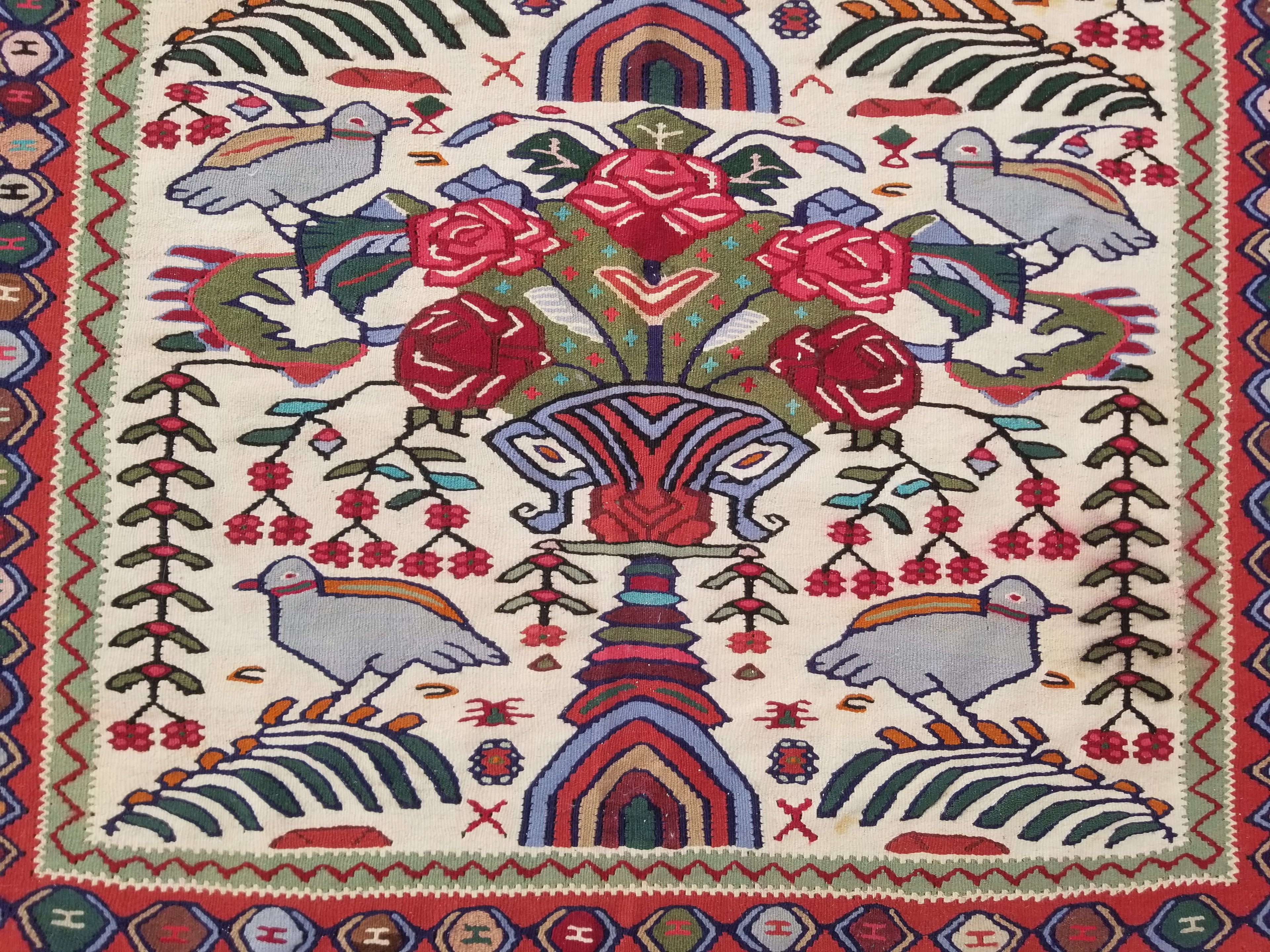 Vintage Traditional Handwoven Pictorial Birds & Floral Wool Kilim 224x134cm