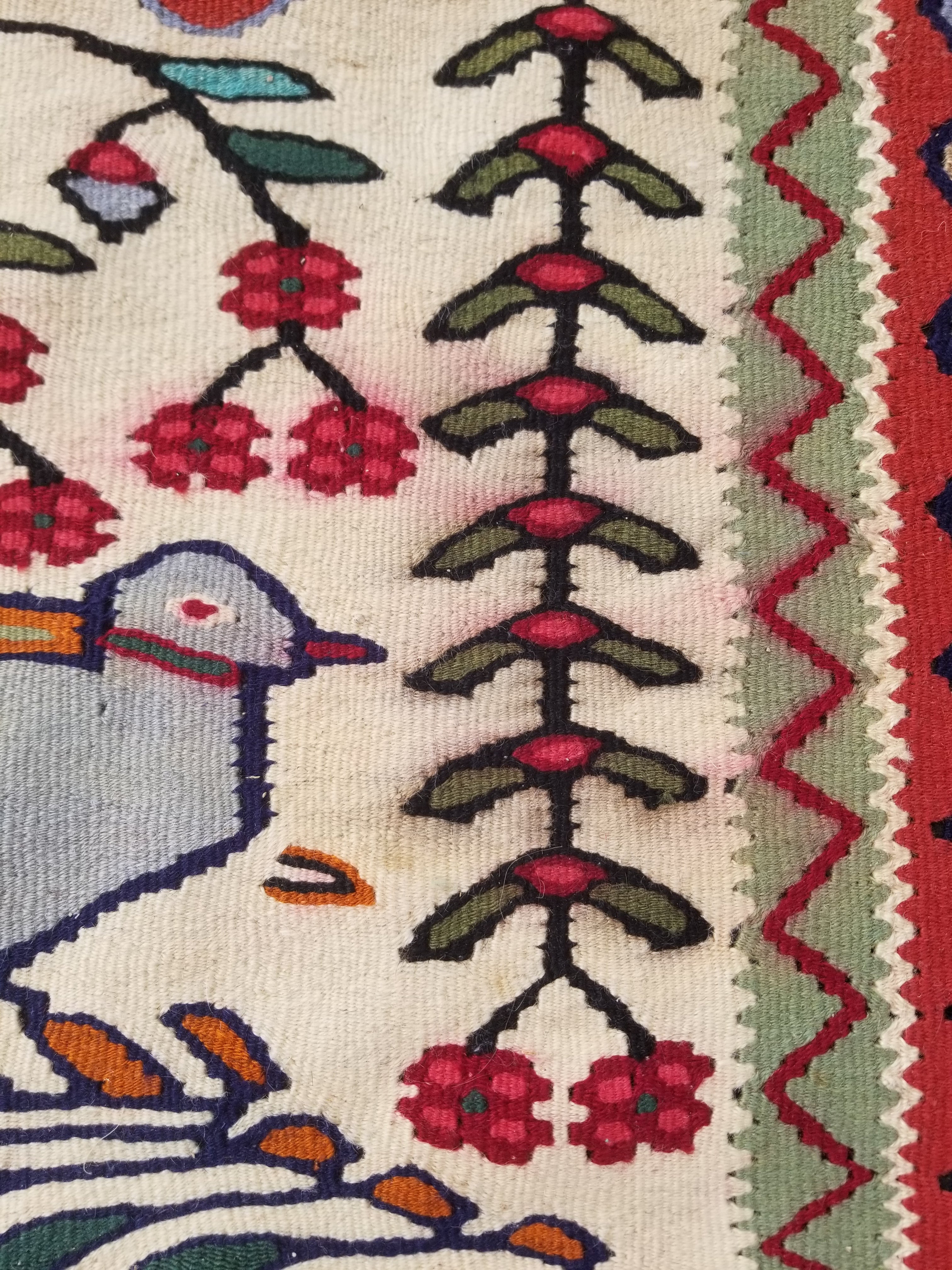Vintage Traditional Handwoven Pictorial Birds & Floral Wool Kilim 224x134cm