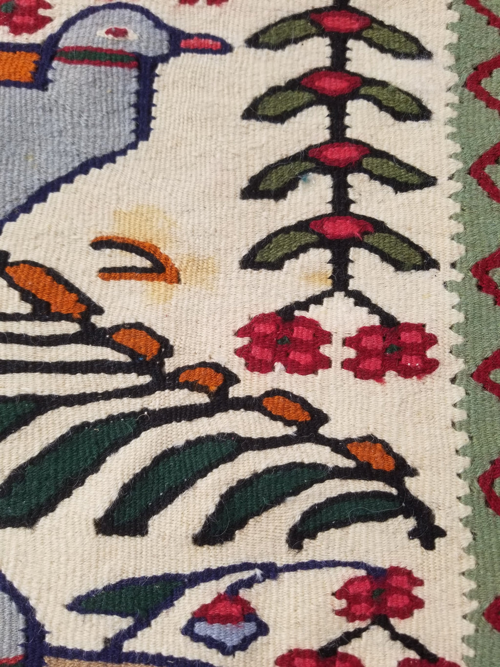 Vintage Traditional Handwoven Pictorial Birds & Floral Wool Kilim 224x134cm