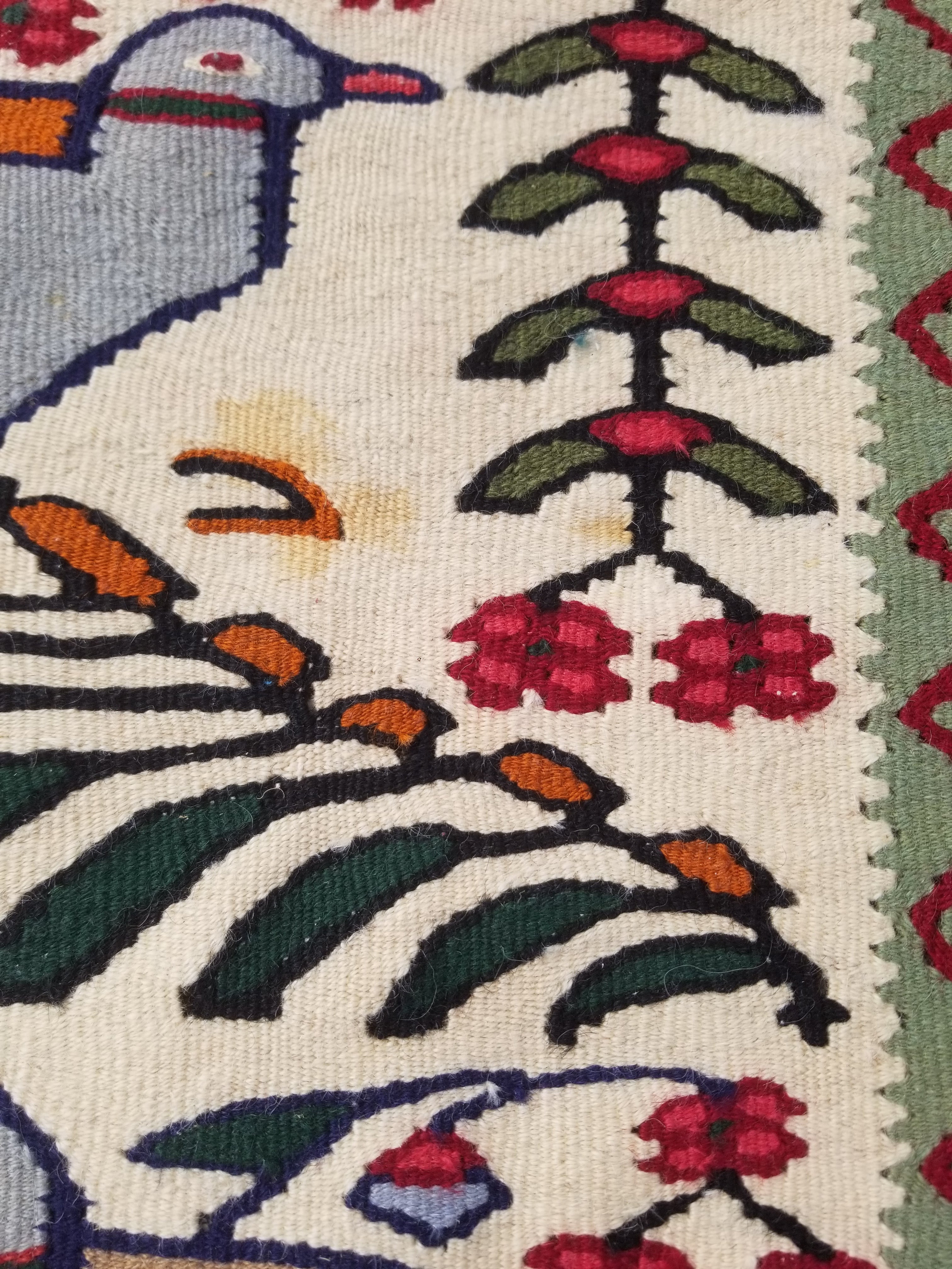 Vintage Traditional Handwoven Pictorial Birds & Floral Wool Kilim 224x134cm