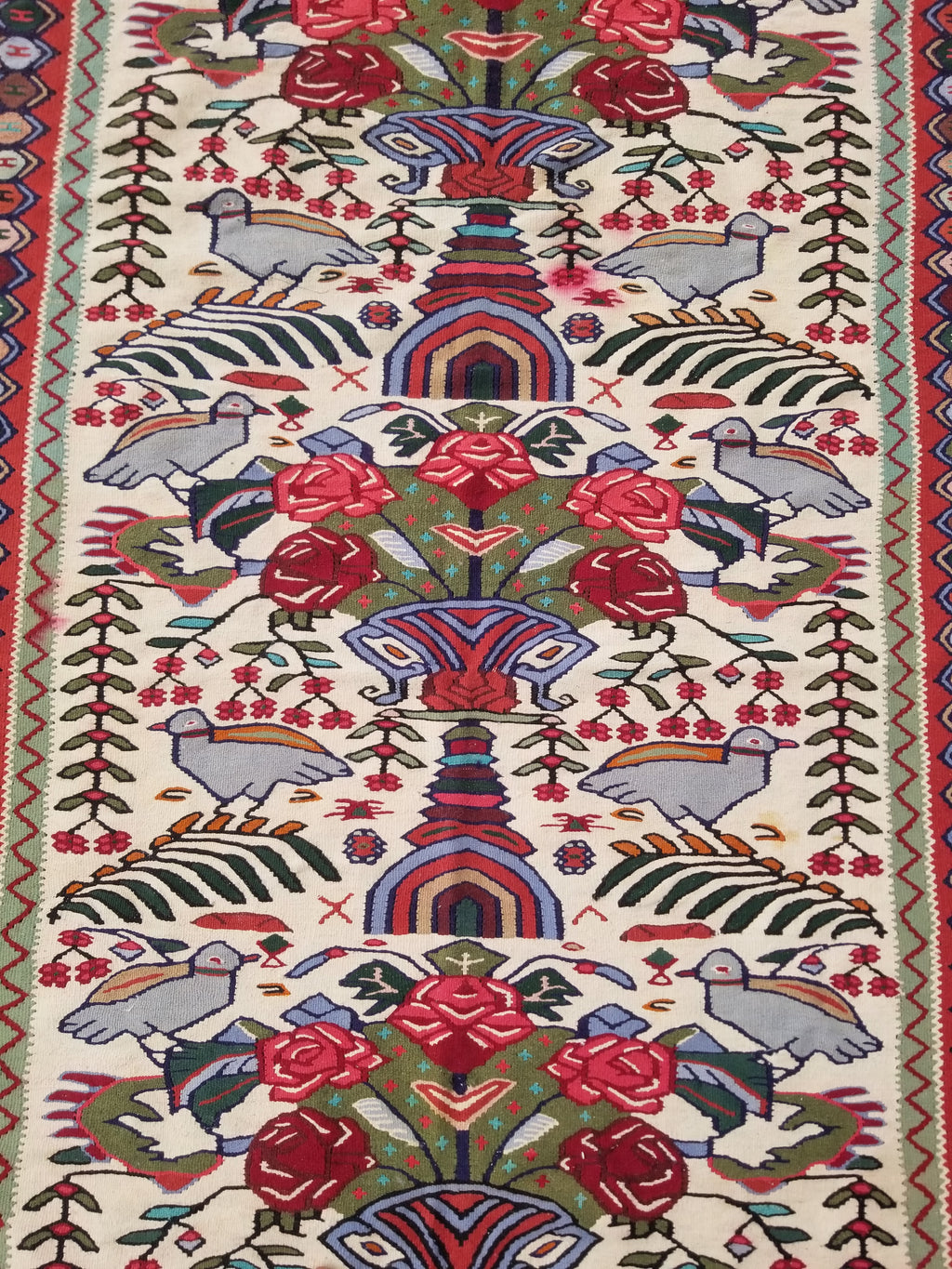 Vintage Traditional Handwoven Pictorial Birds & Floral Wool Kilim 224x134cm