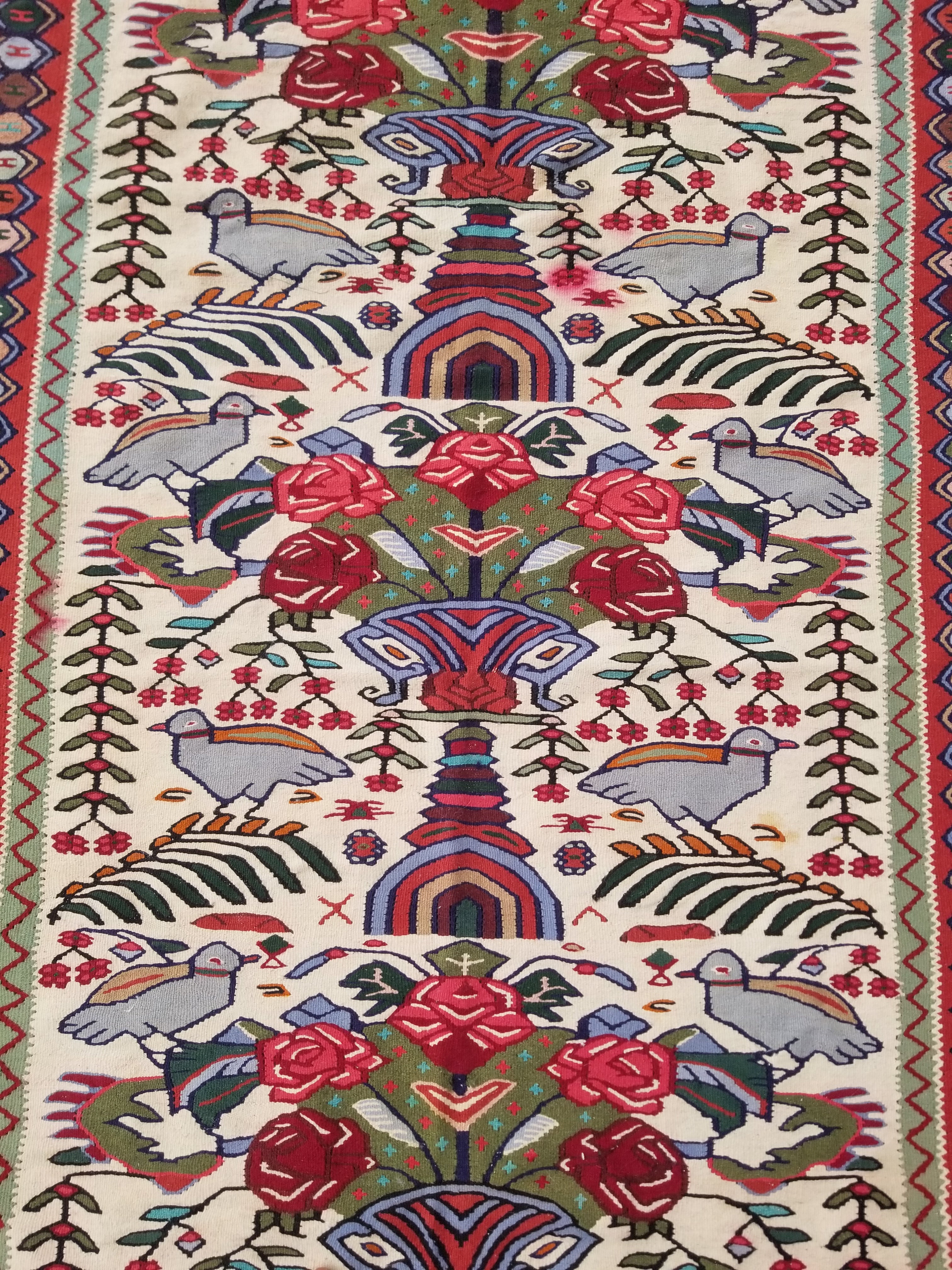 Vintage Traditional Handwoven Pictorial Birds & Floral Wool Kilim 224x134cm