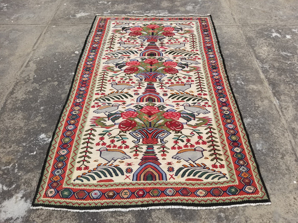 Vintage Traditional Handwoven Pictorial Birds & Floral Wool Kilim 224x134cm
