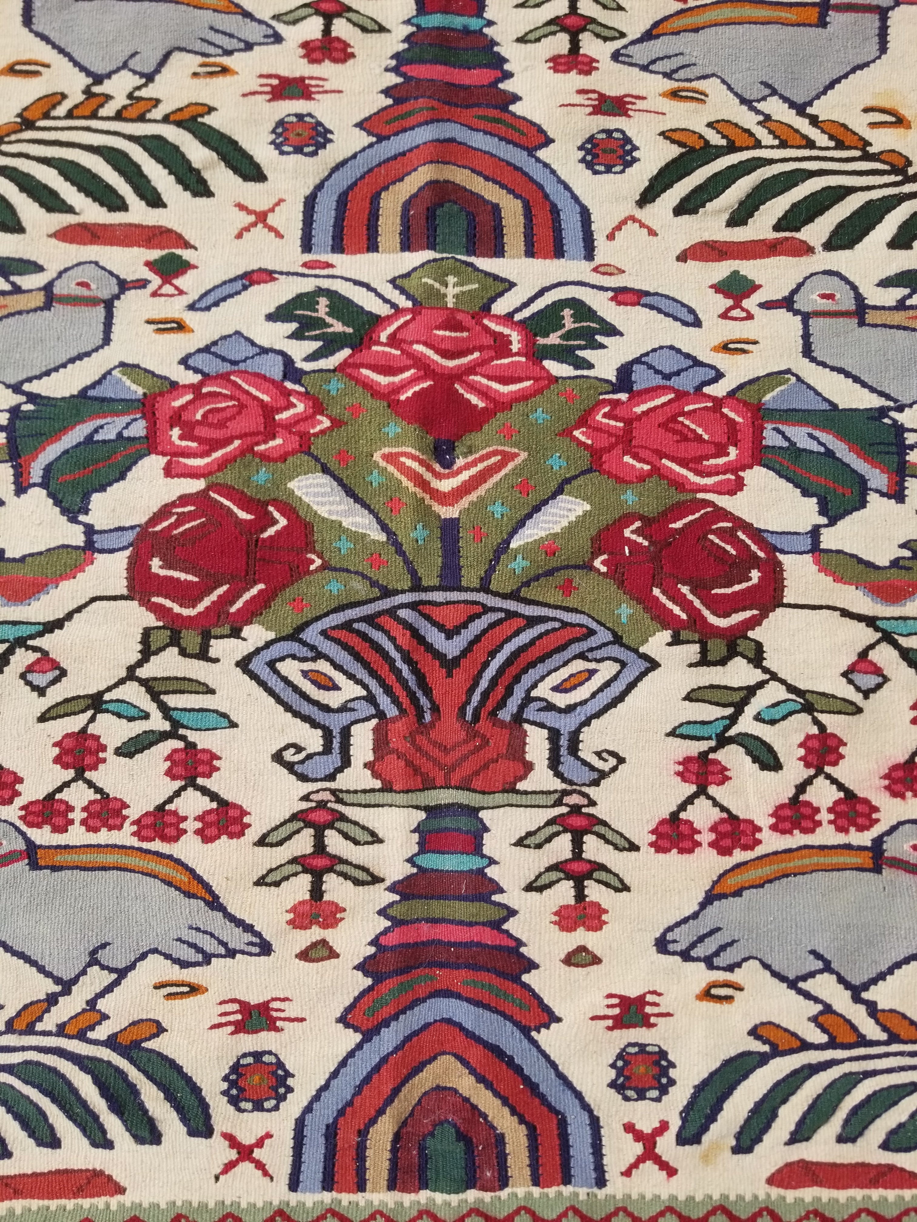 Vintage Traditional Handwoven Pictorial Birds & Floral Wool Kilim 224x134cm