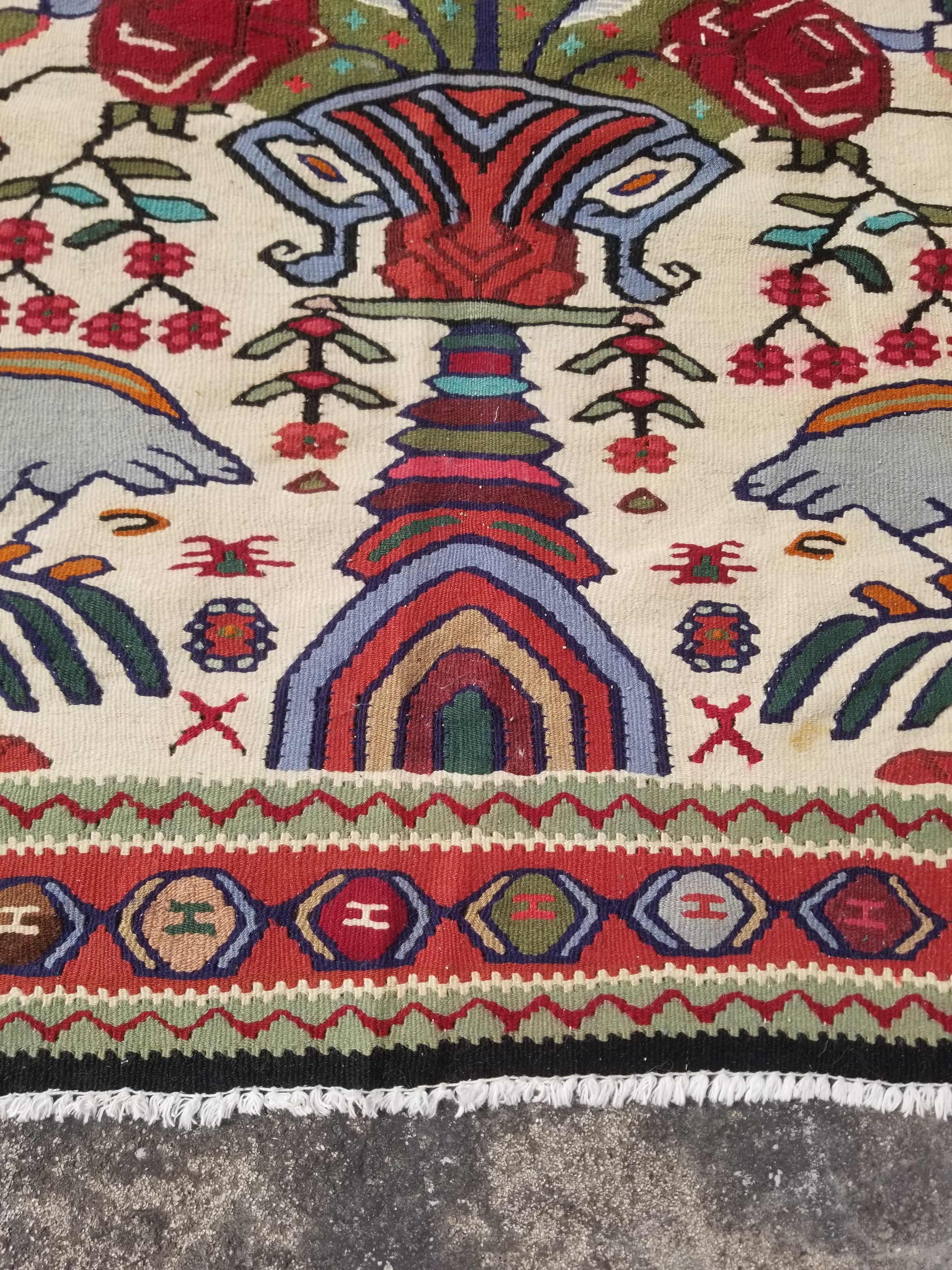 Vintage Traditional Handwoven Pictorial Birds & Floral Wool Kilim 224x134cm