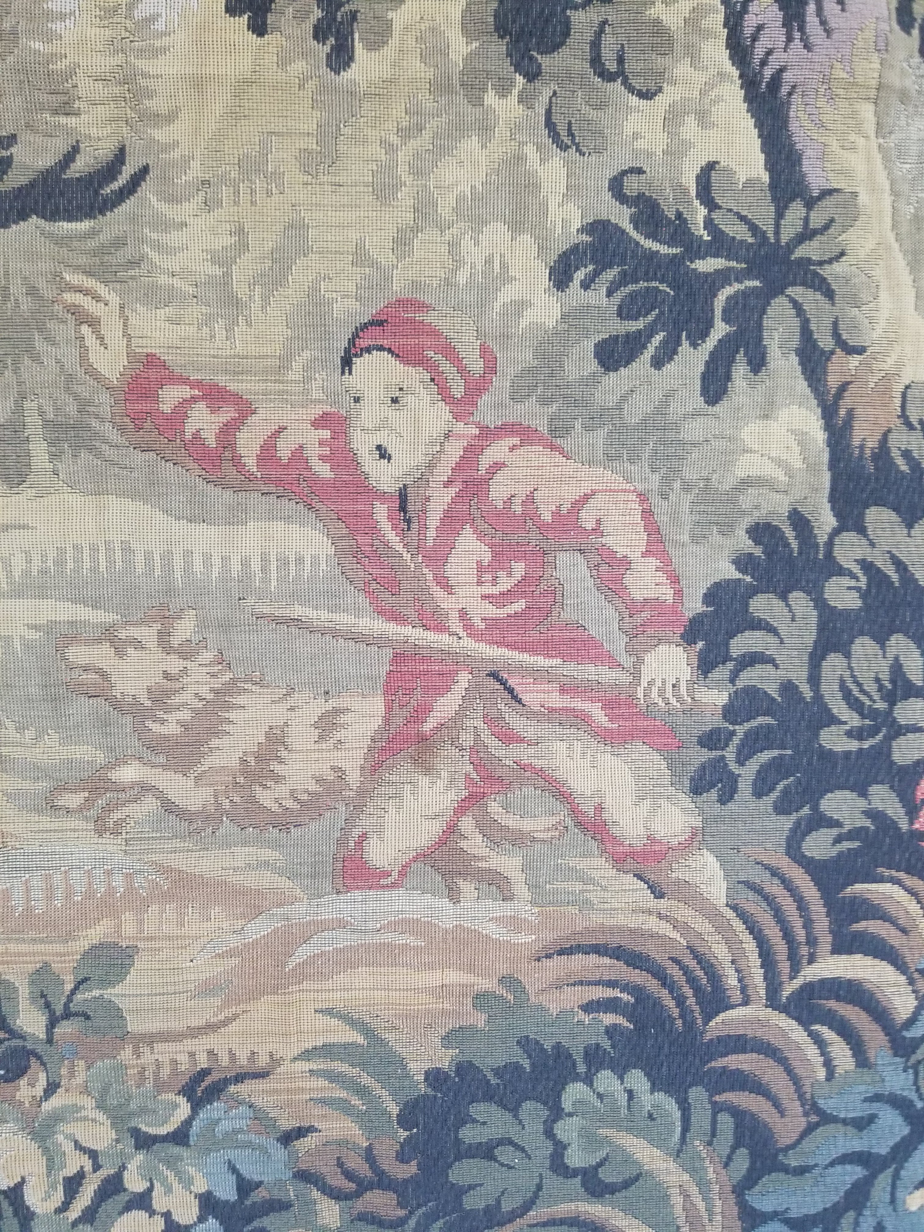 Vintage French Jacquard Woven Hunting Verdure Scene Tapestry 171x84cm
