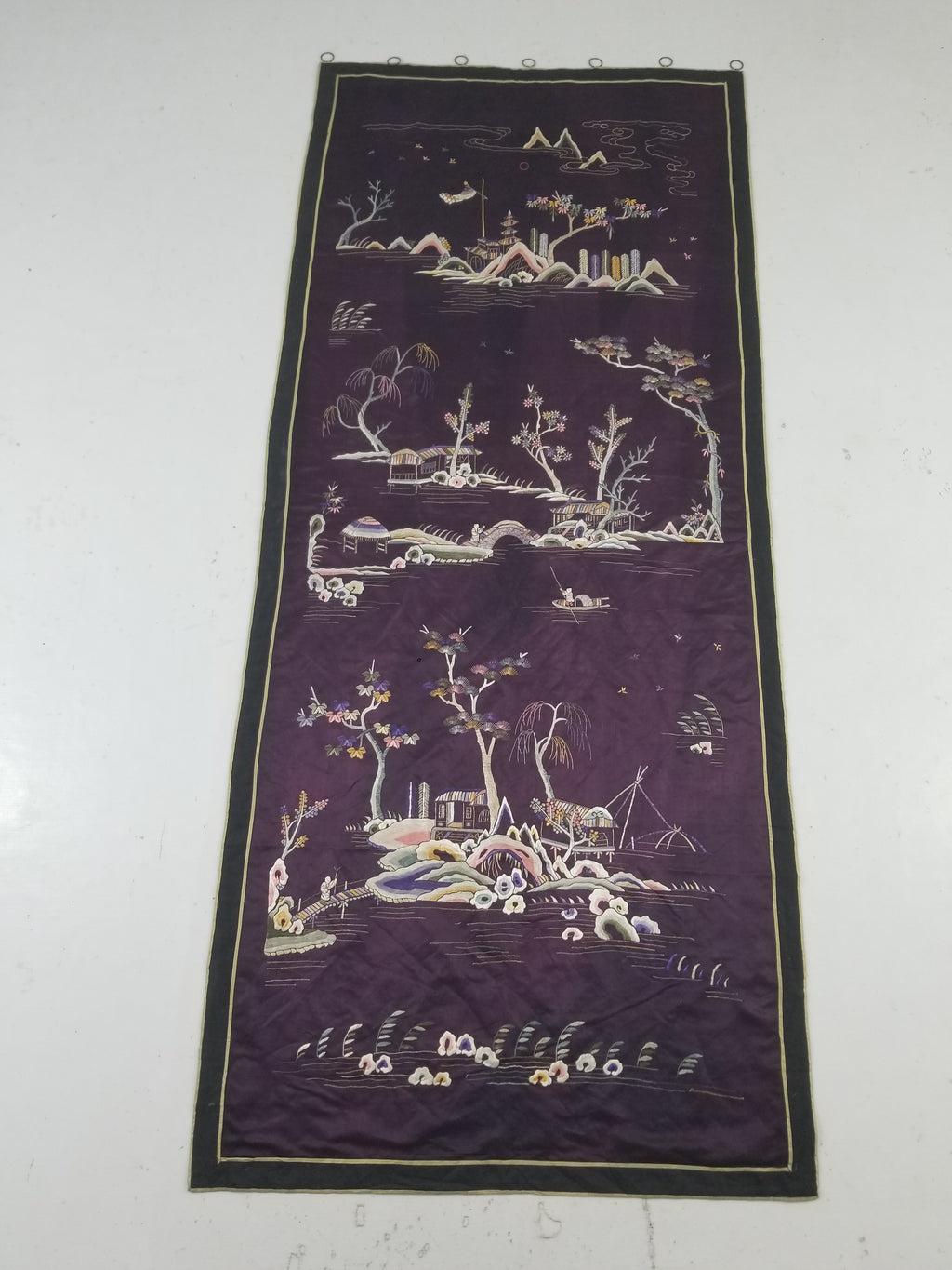 Vintage Chinese Hand Embroidered Chinoiserie Landscape Silk Tapestry 183x78cm