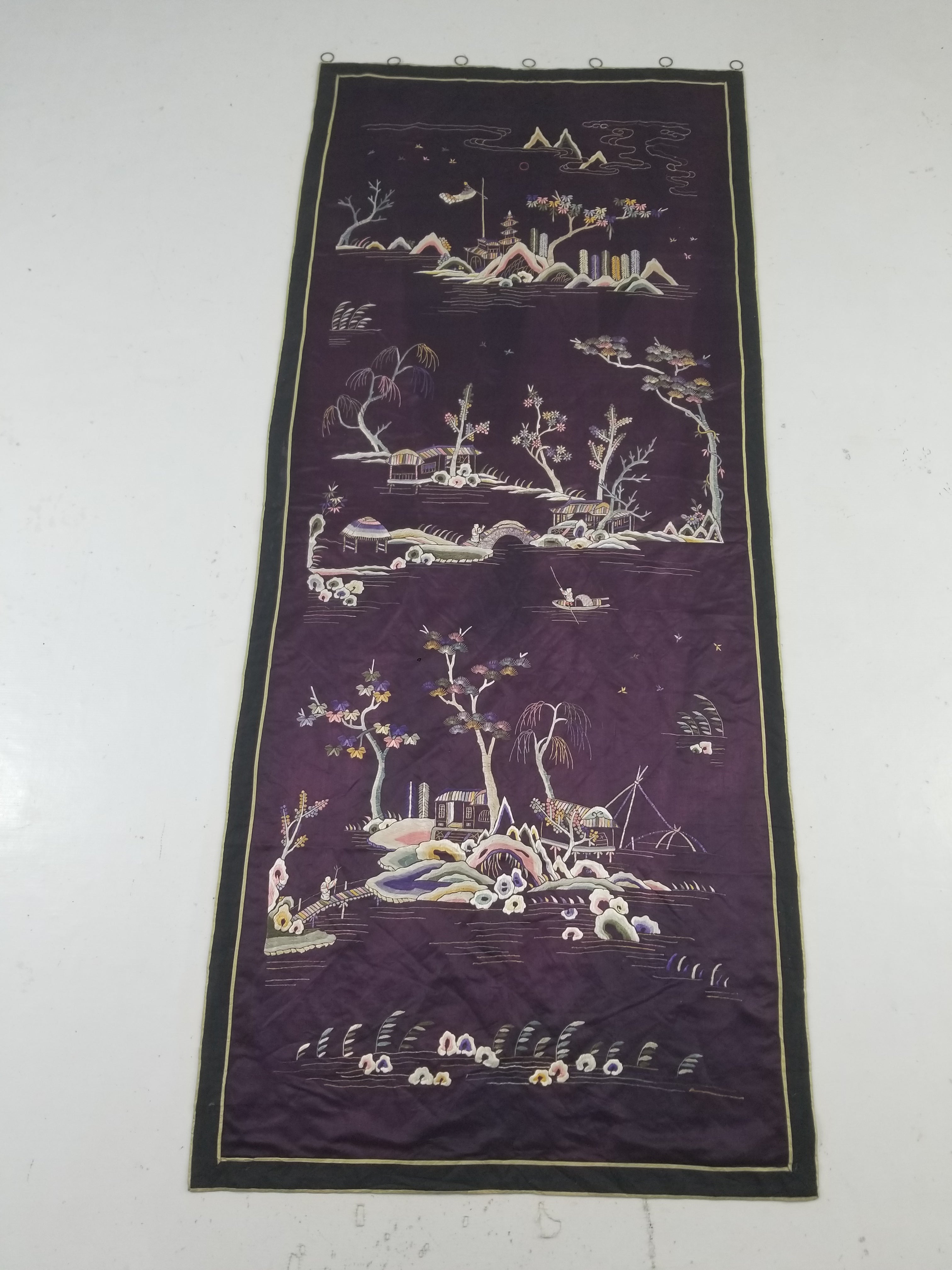 Vintage Chinese Hand Embroidered Chinoiserie Landscape Silk Tapestry 183x78cm