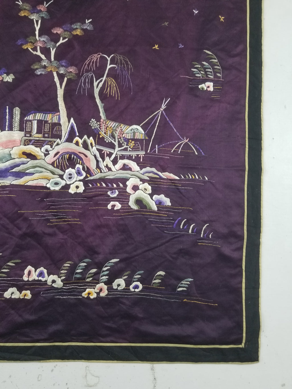Vintage Chinese Hand Embroidered Chinoiserie Landscape Silk Tapestry 183x78cm