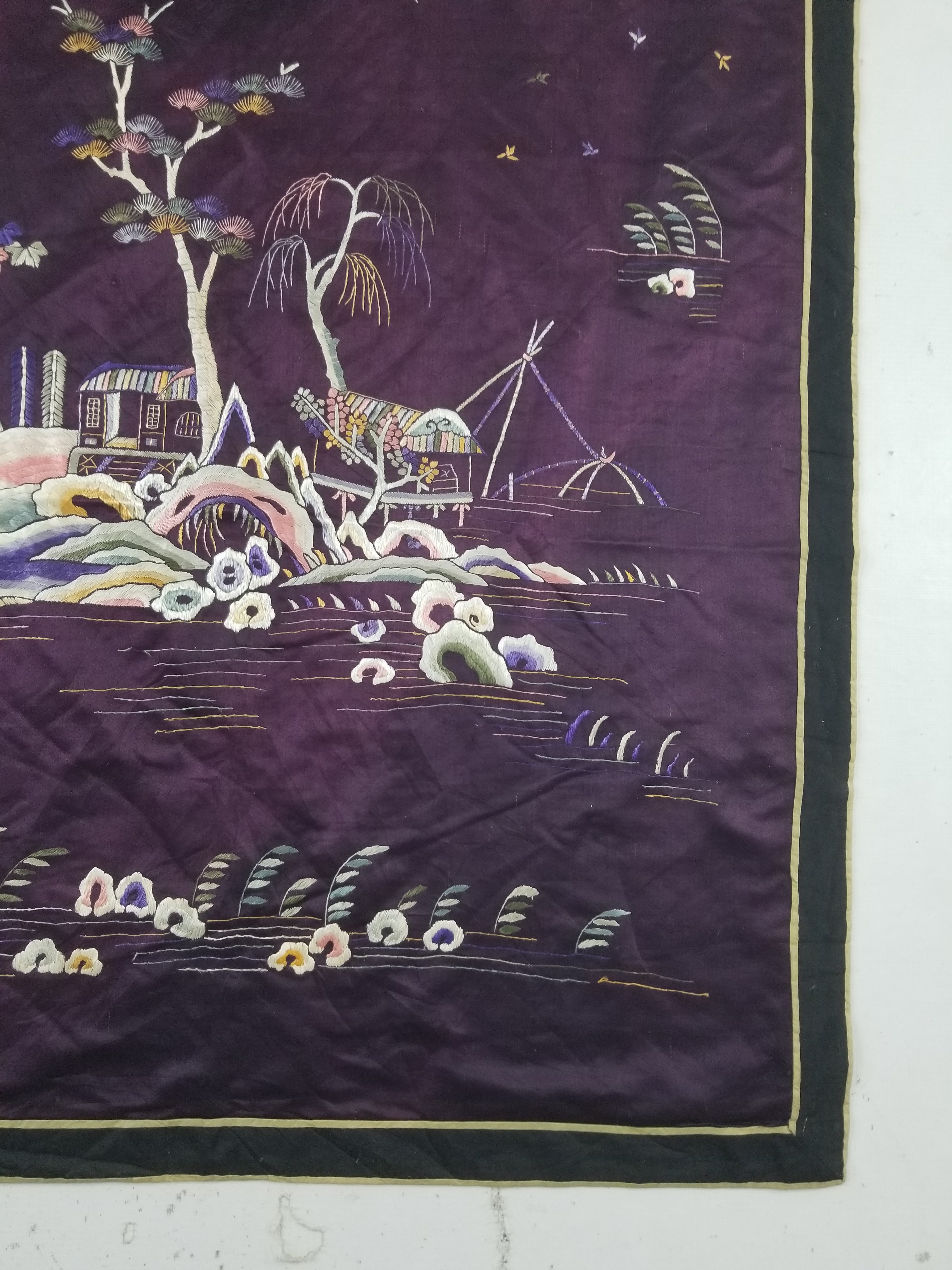 Vintage Chinese Hand Embroidered Chinoiserie Landscape Silk Tapestry 183x78cm