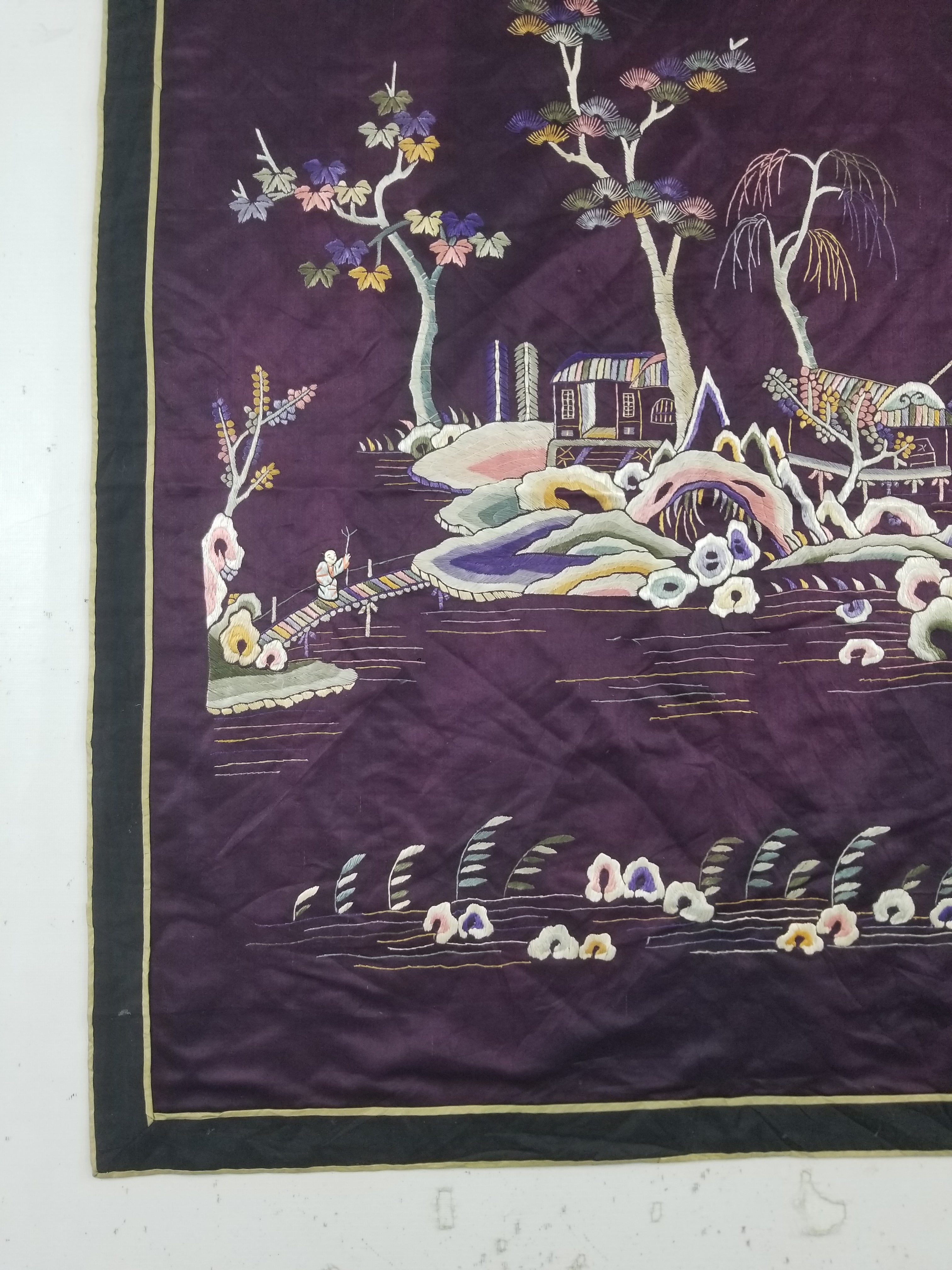 Vintage Chinese Hand Embroidered Chinoiserie Landscape Silk Tapestry 183x78cm