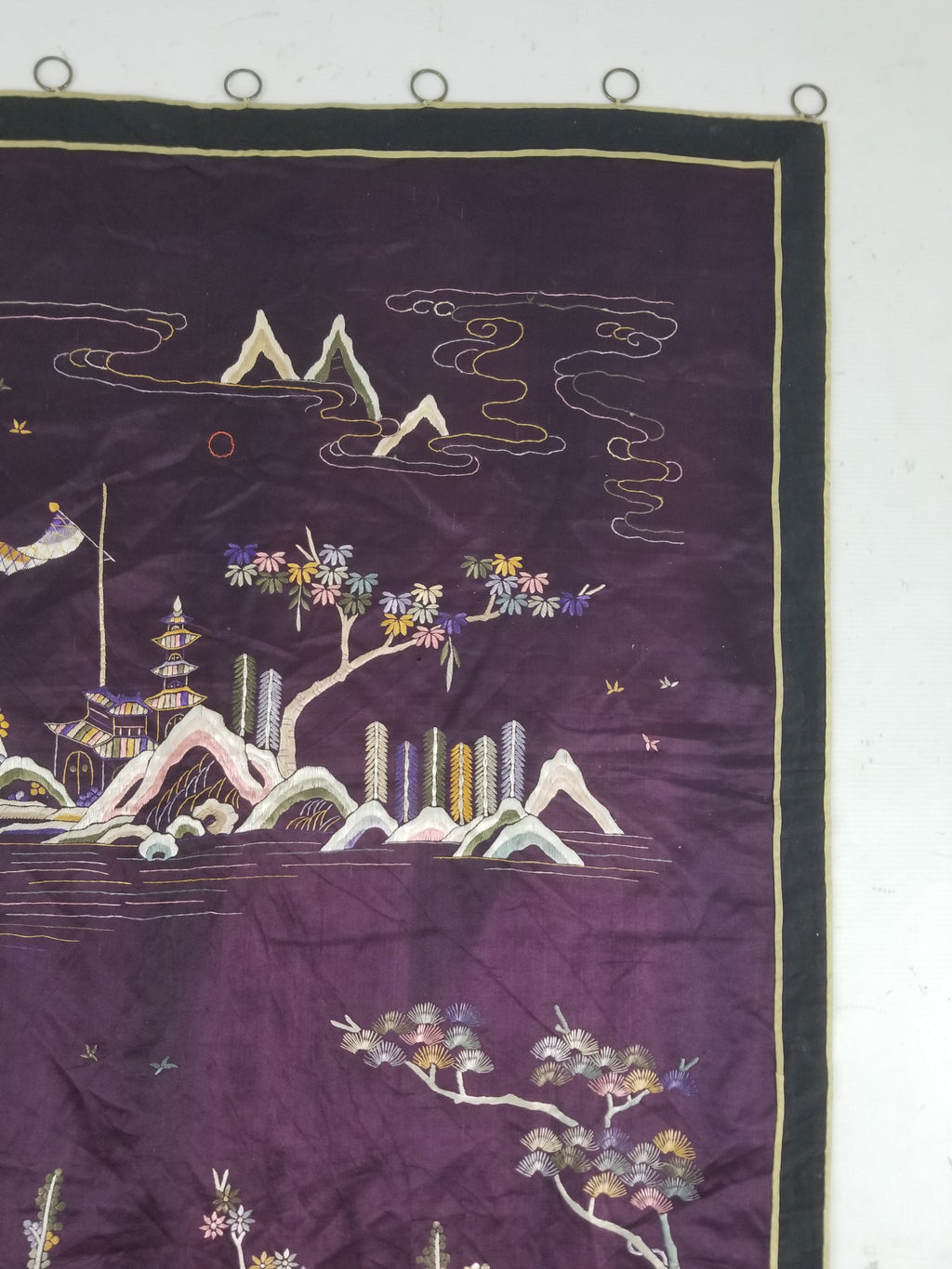 Vintage Chinese Hand Embroidered Chinoiserie Landscape Silk Tapestry 183x78cm