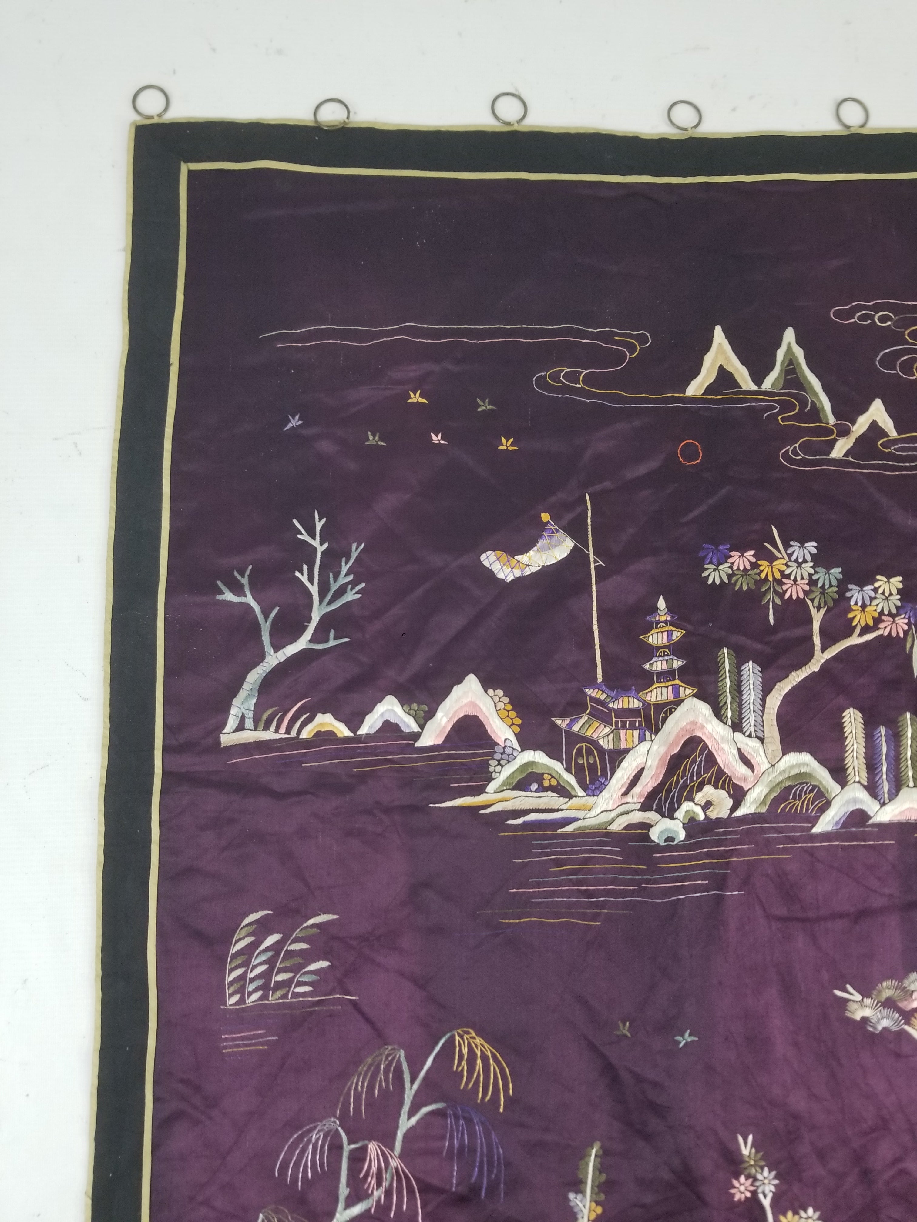 Vintage Chinese Hand Embroidered Chinoiserie Landscape Silk Tapestry 183x78cm