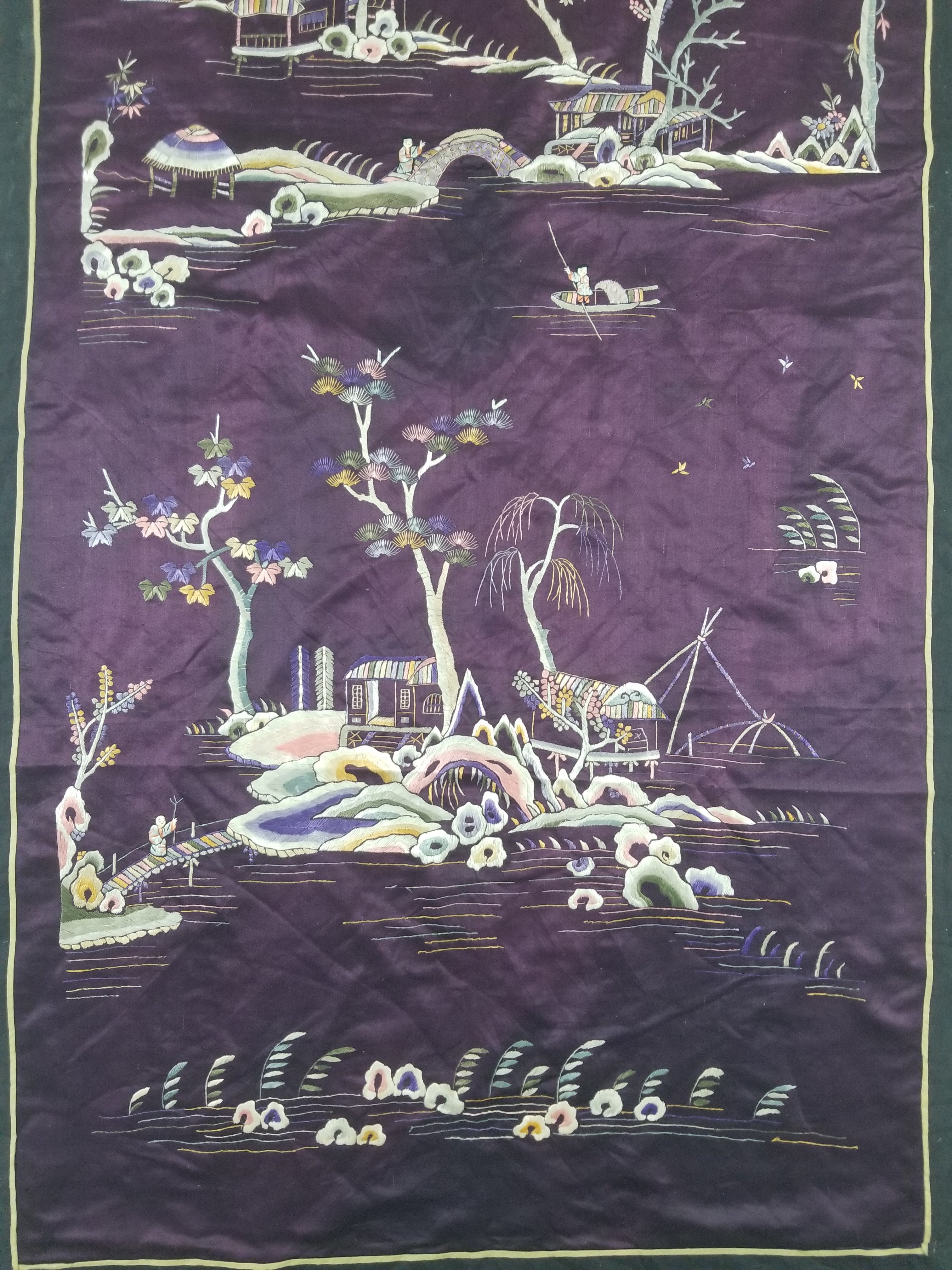 Vintage Chinese Hand Embroidered Chinoiserie Landscape Silk Tapestry 183x78cm