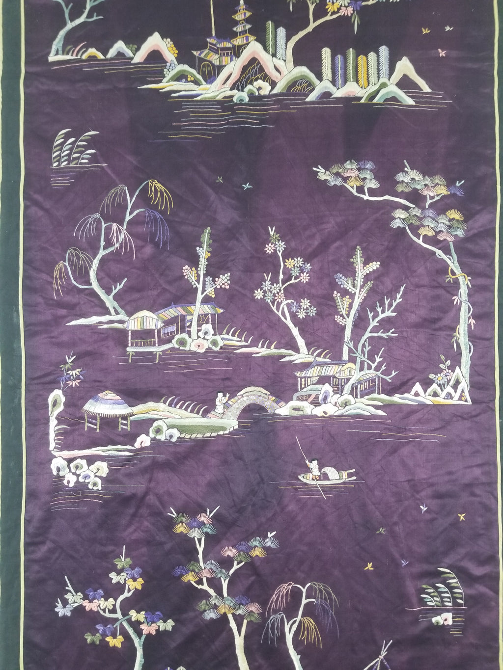 Vintage Chinese Hand Embroidered Chinoiserie Landscape Silk Tapestry 183x78cm