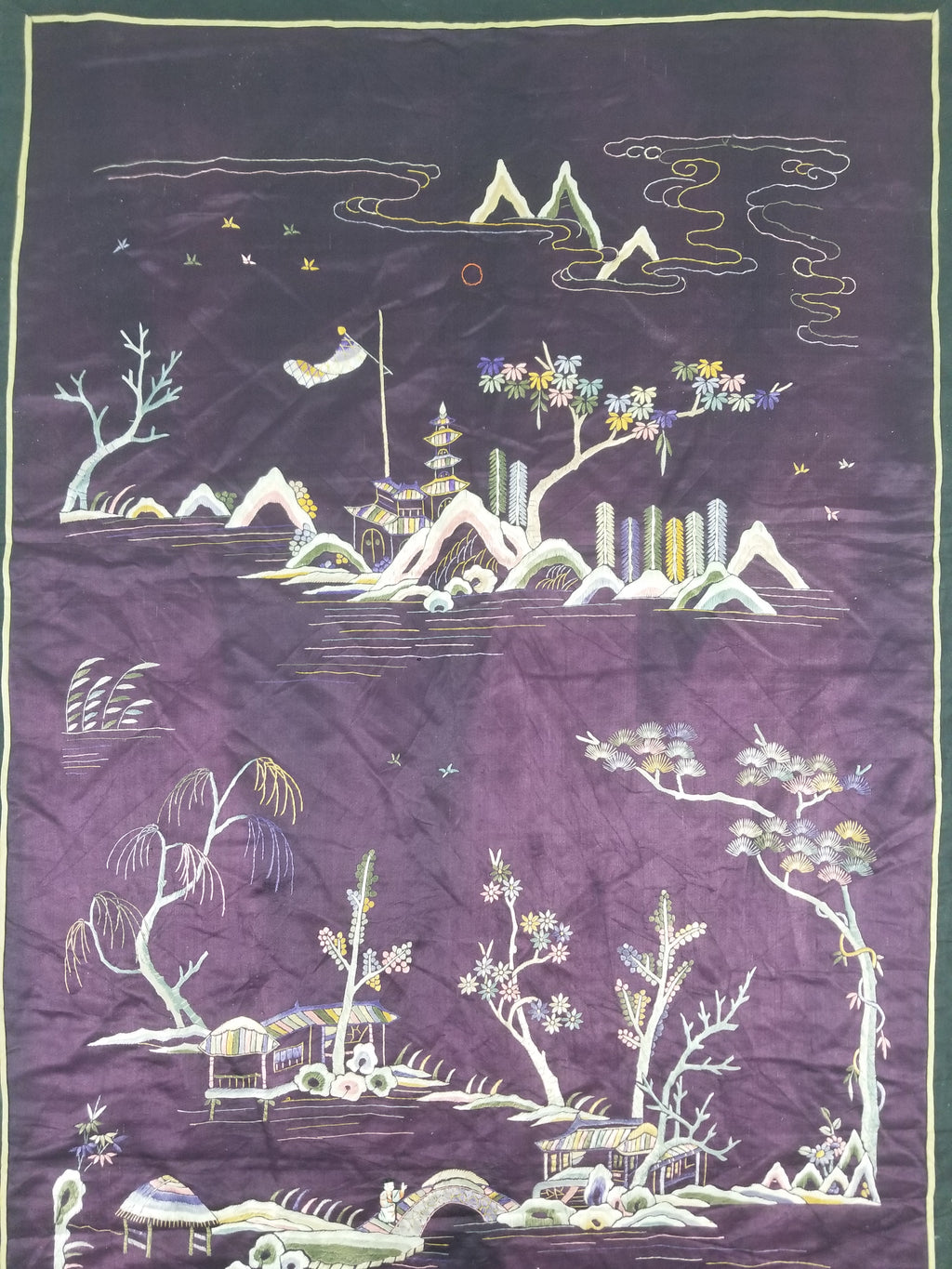 Vintage Chinese Hand Embroidered Chinoiserie Landscape Silk Tapestry 183x78cm