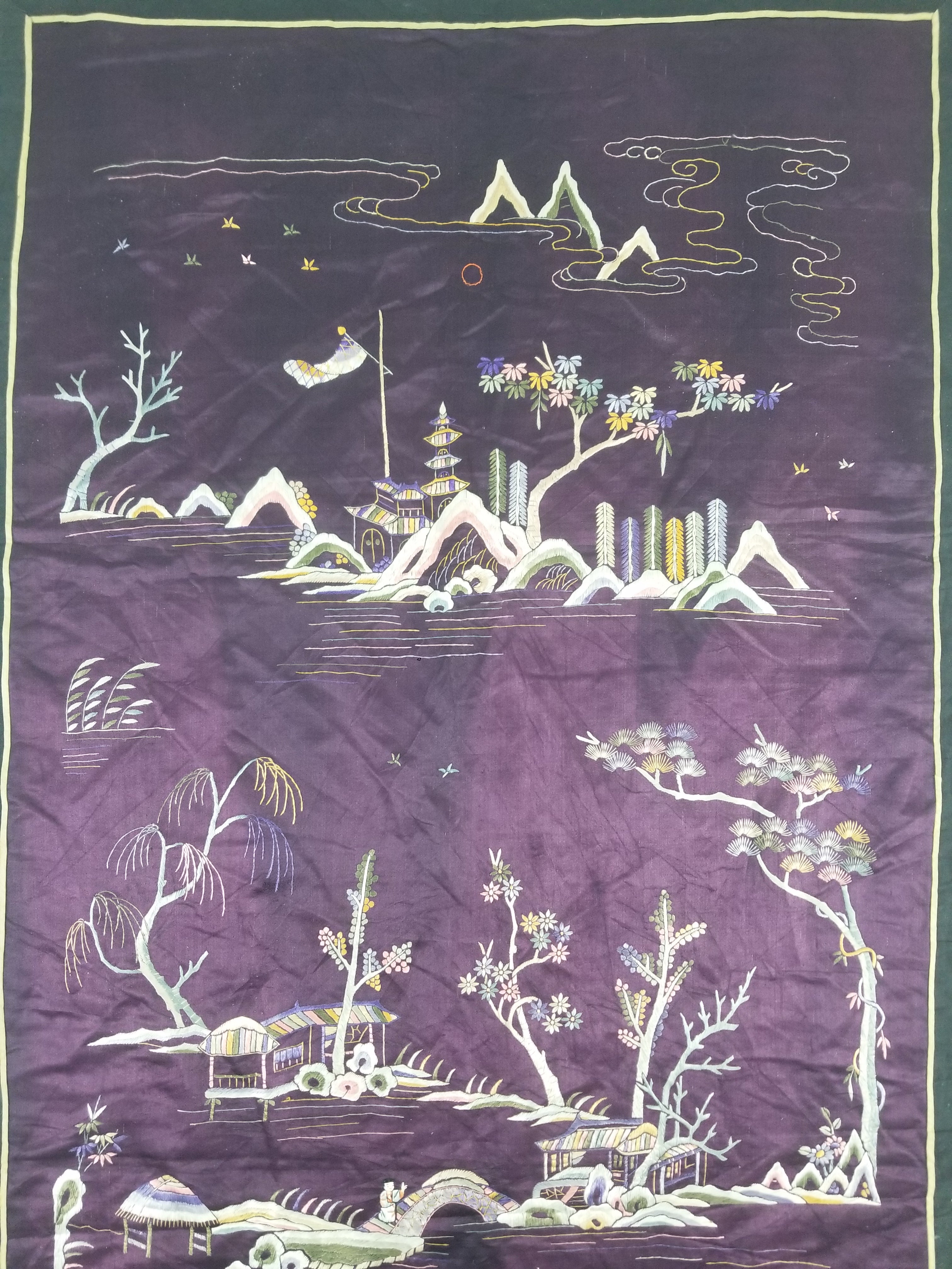 Vintage Chinese Hand Embroidered Chinoiserie Landscape Silk Tapestry 183x78cm