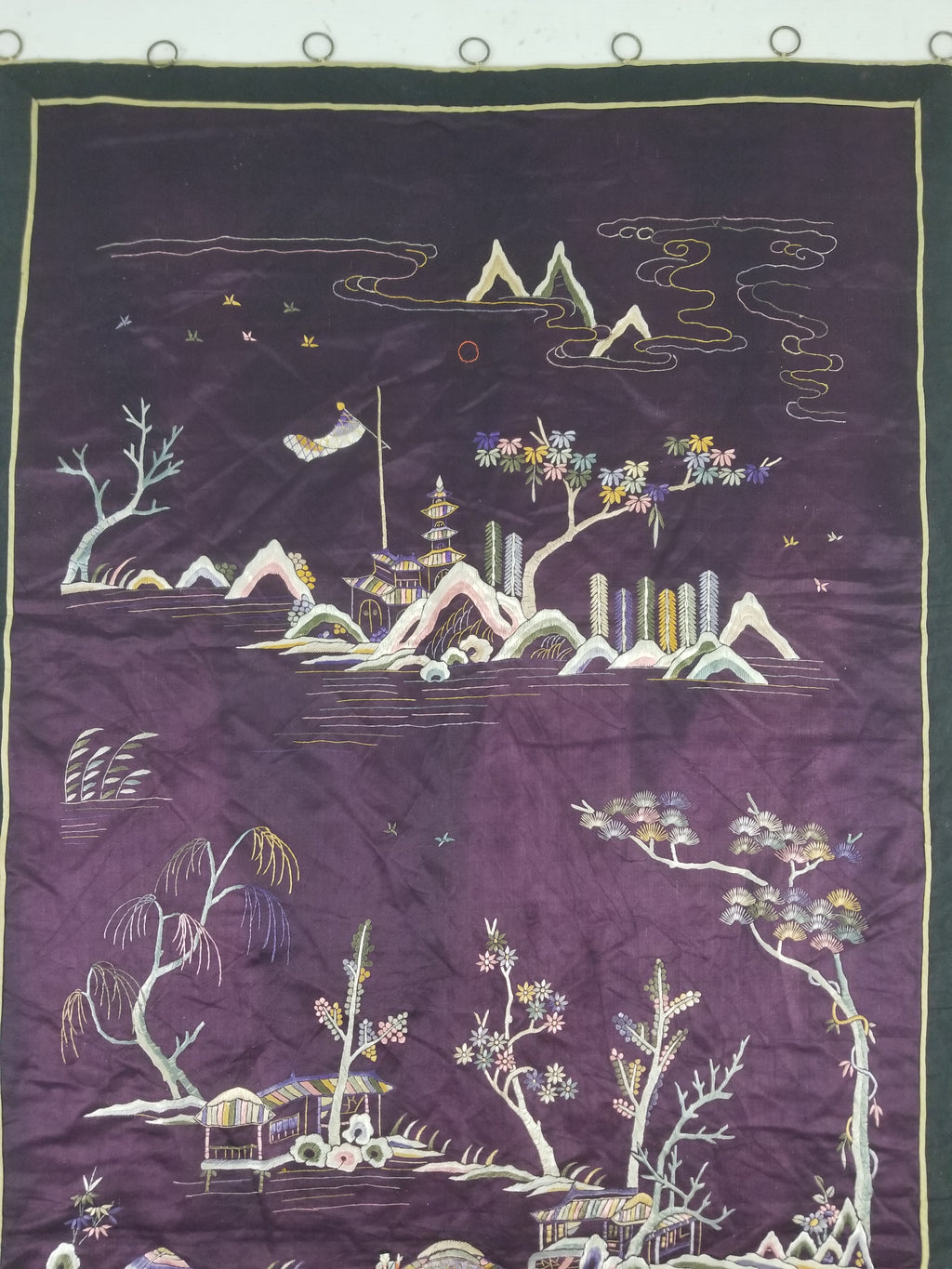 Vintage Chinese Hand Embroidered Chinoiserie Landscape Silk Tapestry 183x78cm