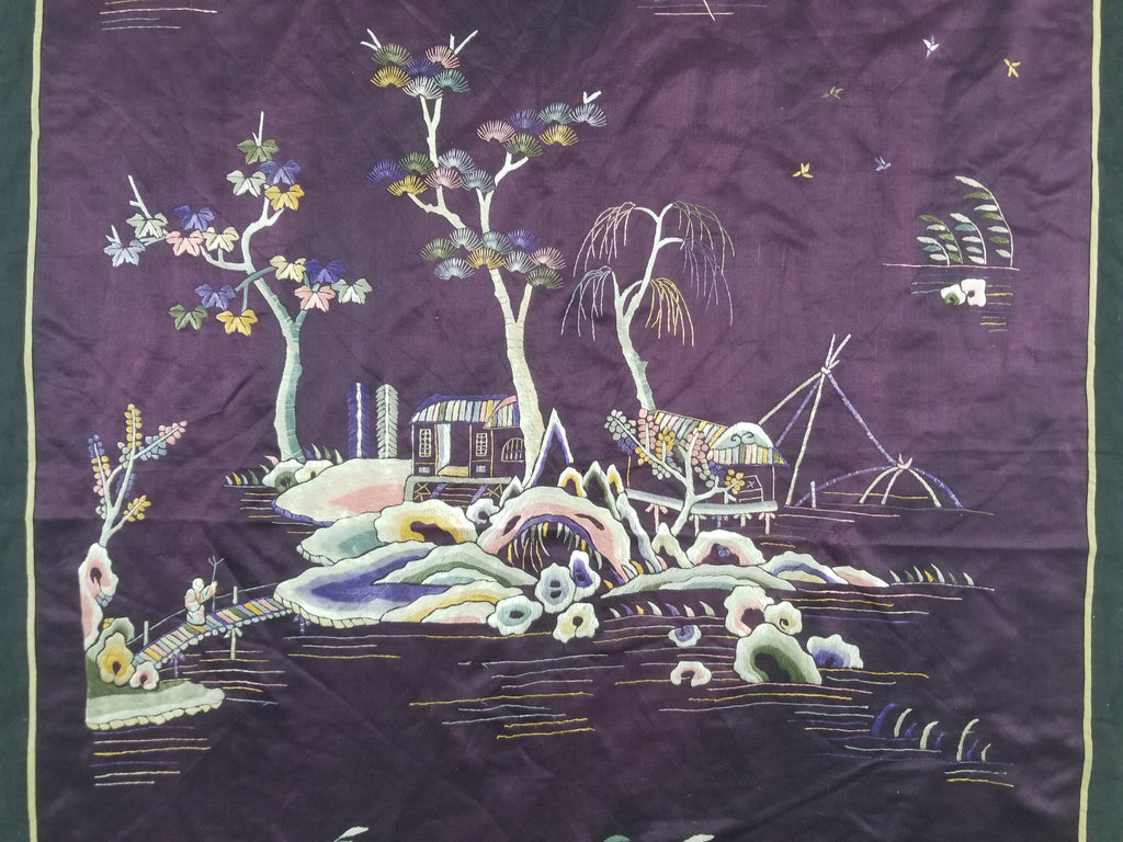 Vintage Chinese Hand Embroidered Chinoiserie Landscape Silk Tapestry 183x78cm