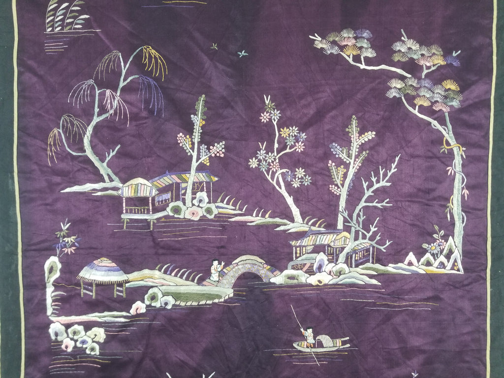 Vintage Chinese Hand Embroidered Chinoiserie Landscape Silk Tapestry 183x78cm
