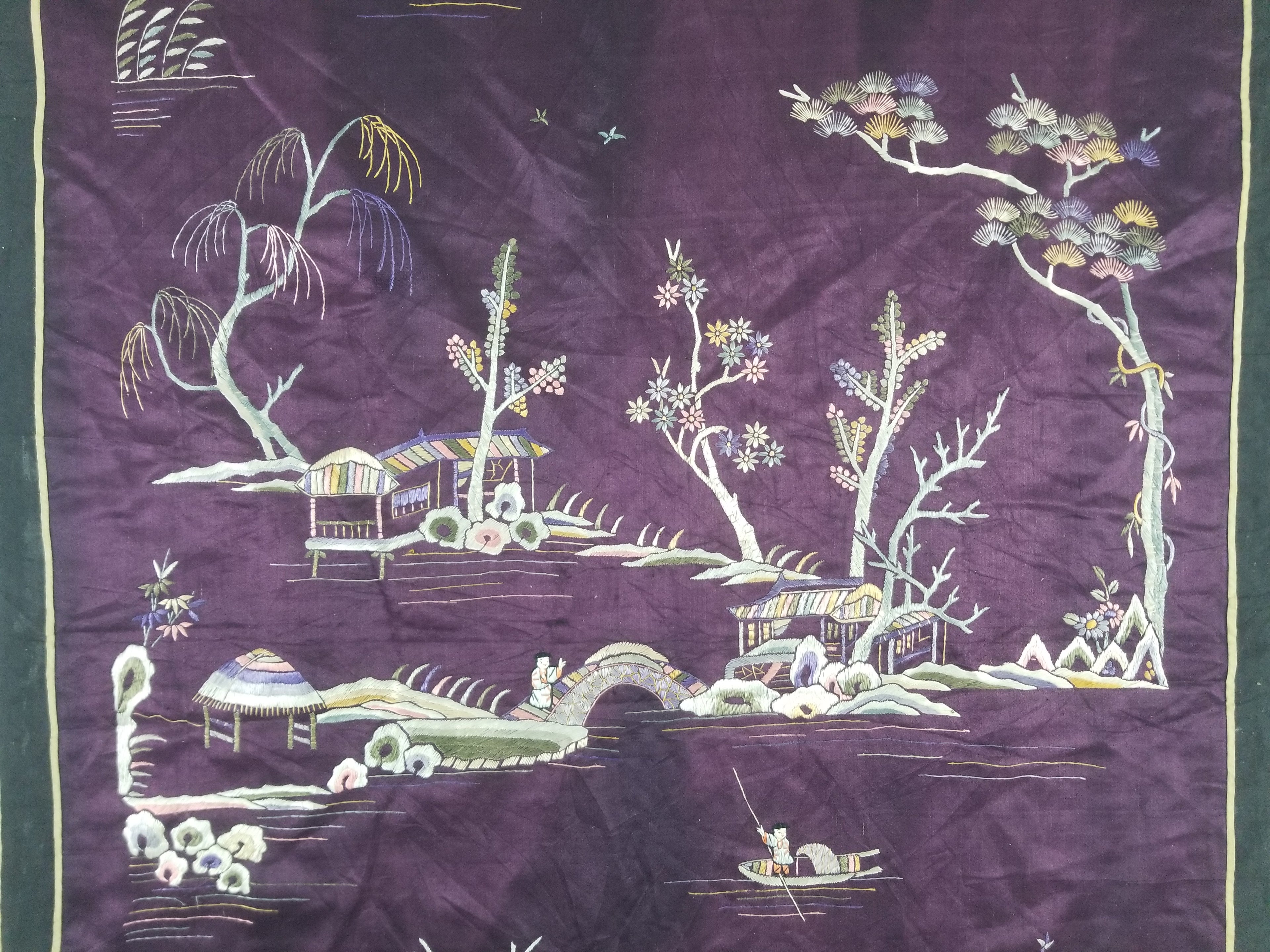 Vintage Chinese Hand Embroidered Chinoiserie Landscape Silk Tapestry 183x78cm