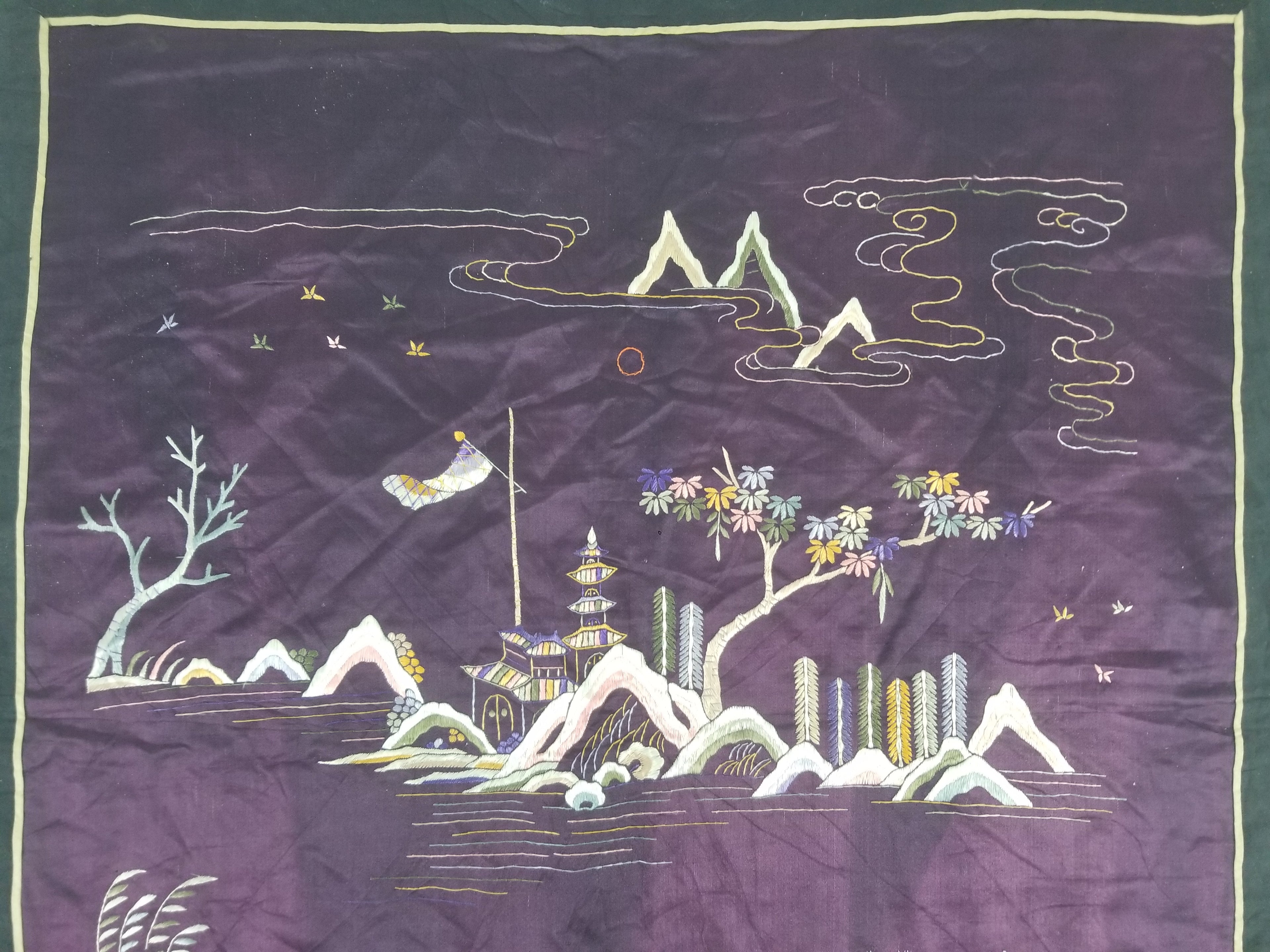 Vintage Chinese Hand Embroidered Chinoiserie Landscape Silk Tapestry 183x78cm