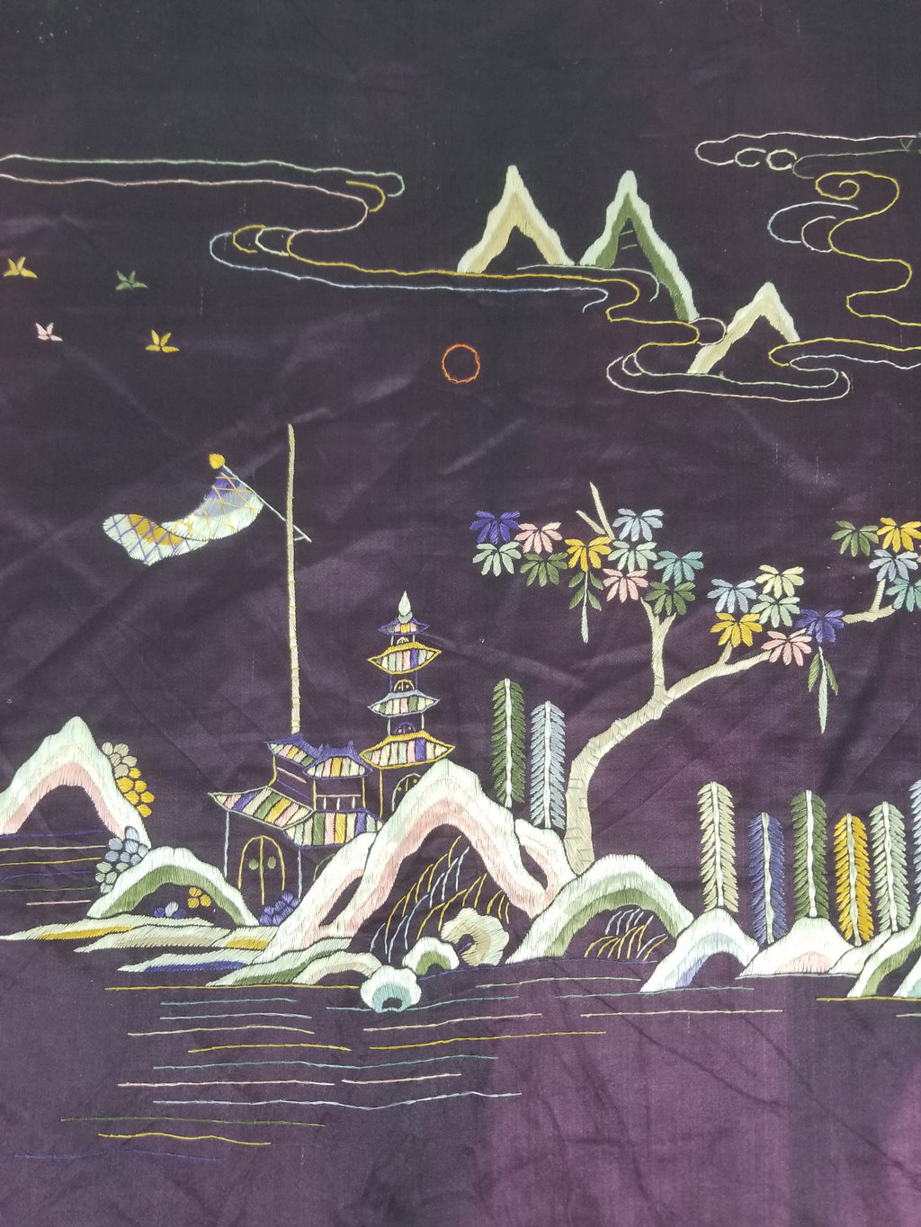 Vintage Chinese Hand Embroidered Chinoiserie Landscape Silk Tapestry 183x78cm