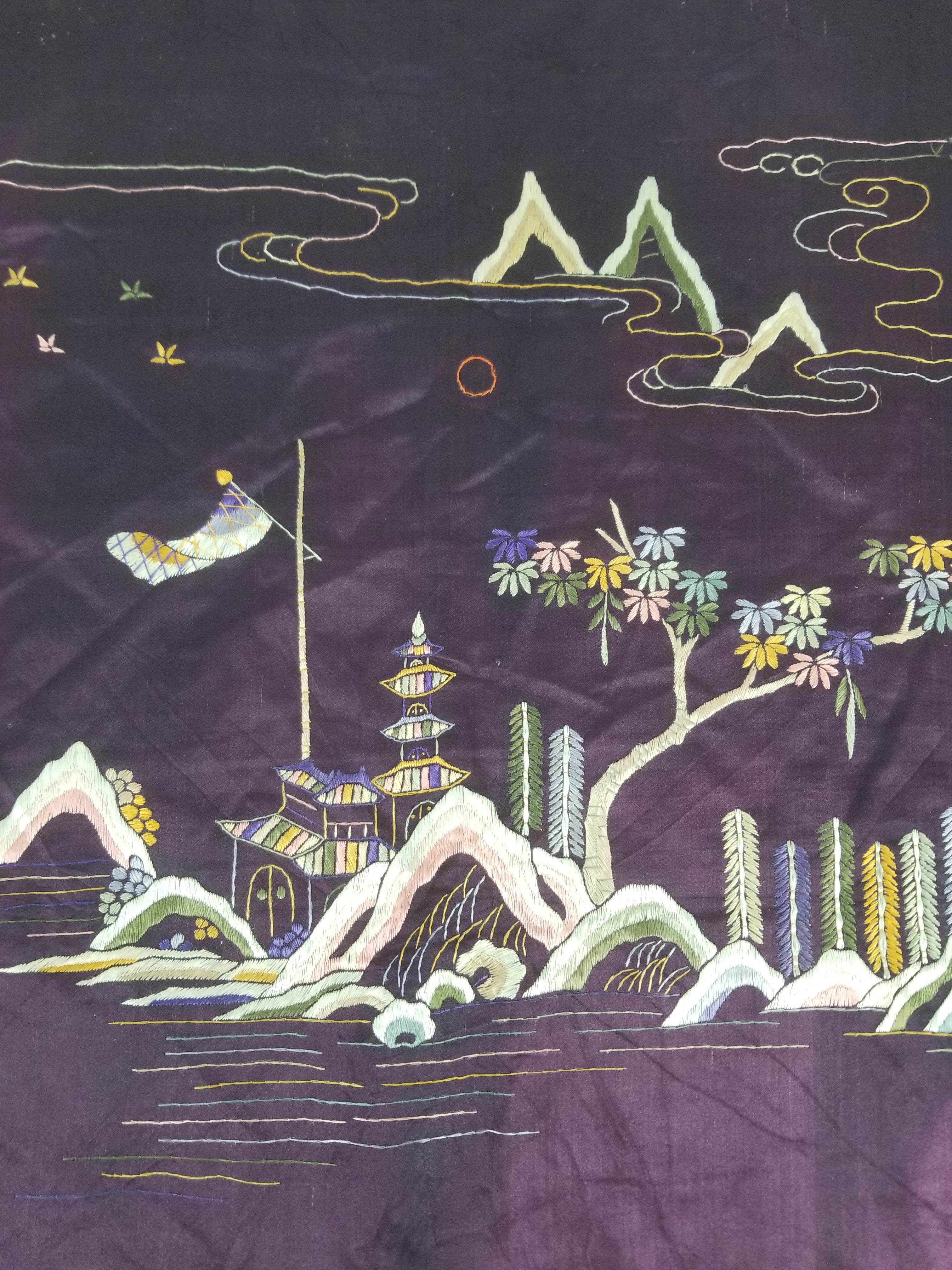 Vintage Chinese Hand Embroidered Chinoiserie Landscape Silk Tapestry 183x78cm