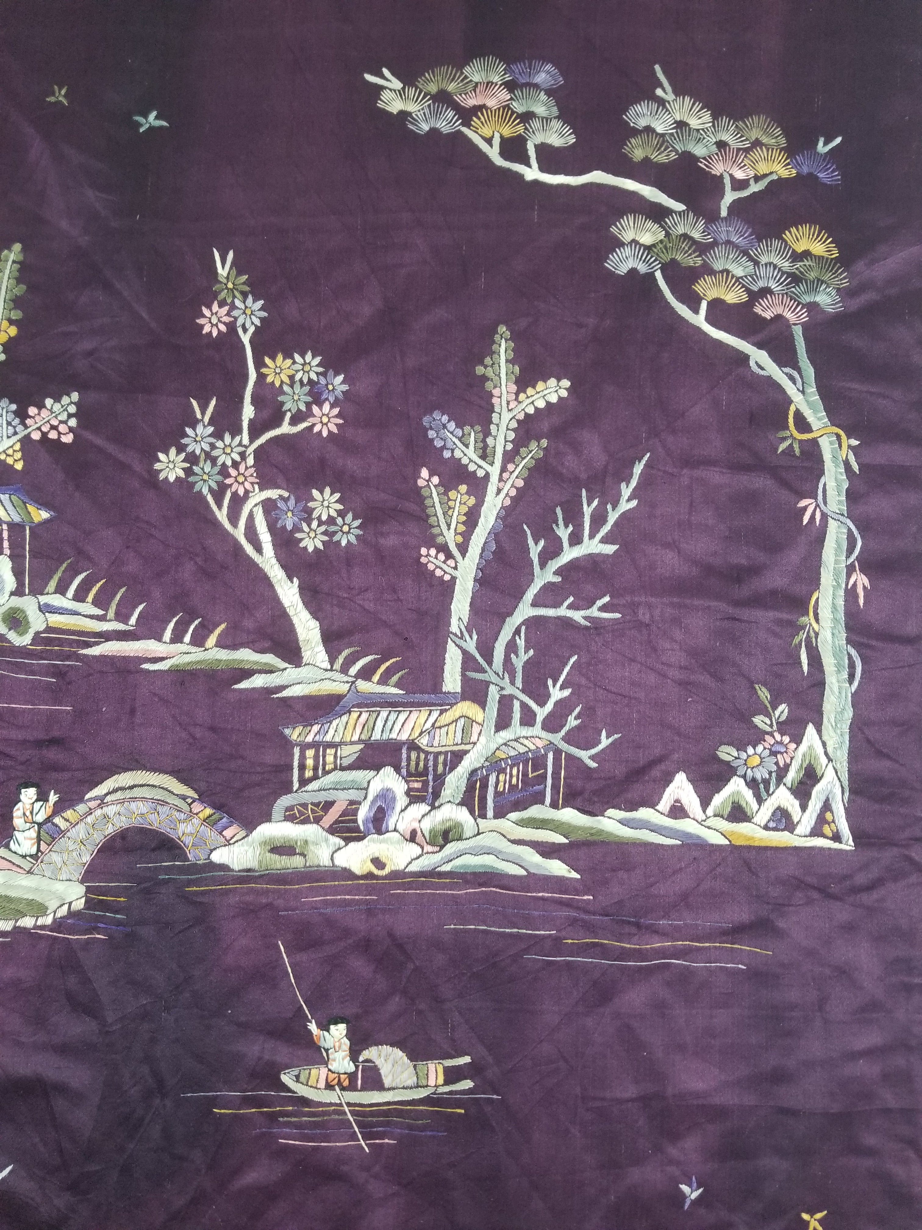 Vintage Chinese Hand Embroidered Chinoiserie Landscape Silk Tapestry 183x78cm