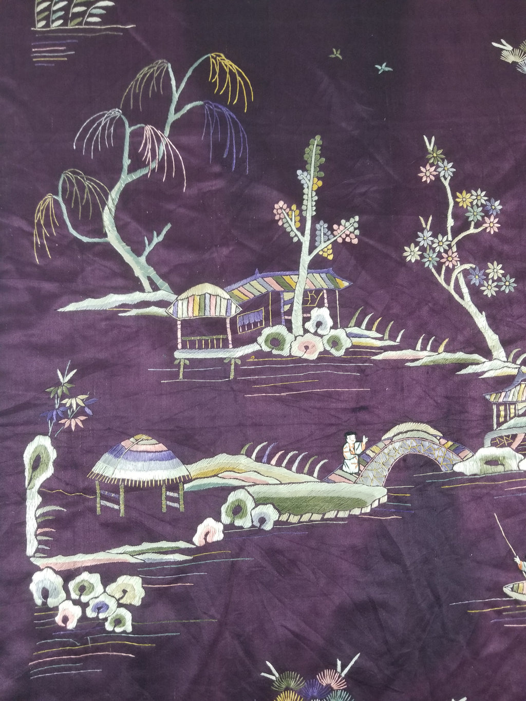 Vintage Chinese Hand Embroidered Chinoiserie Landscape Silk Tapestry 183x78cm