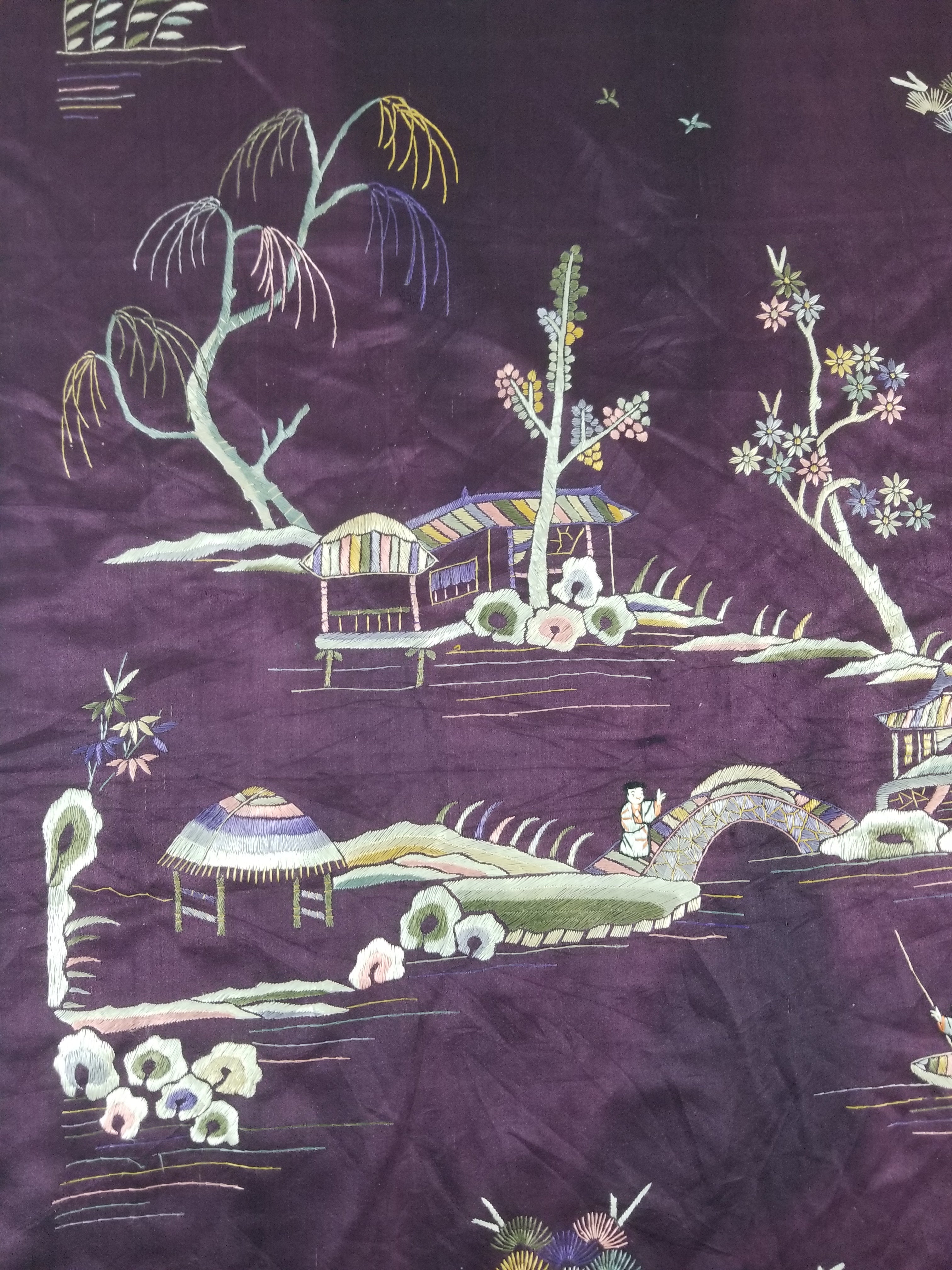 Vintage Chinese Hand Embroidered Chinoiserie Landscape Silk Tapestry 183x78cm