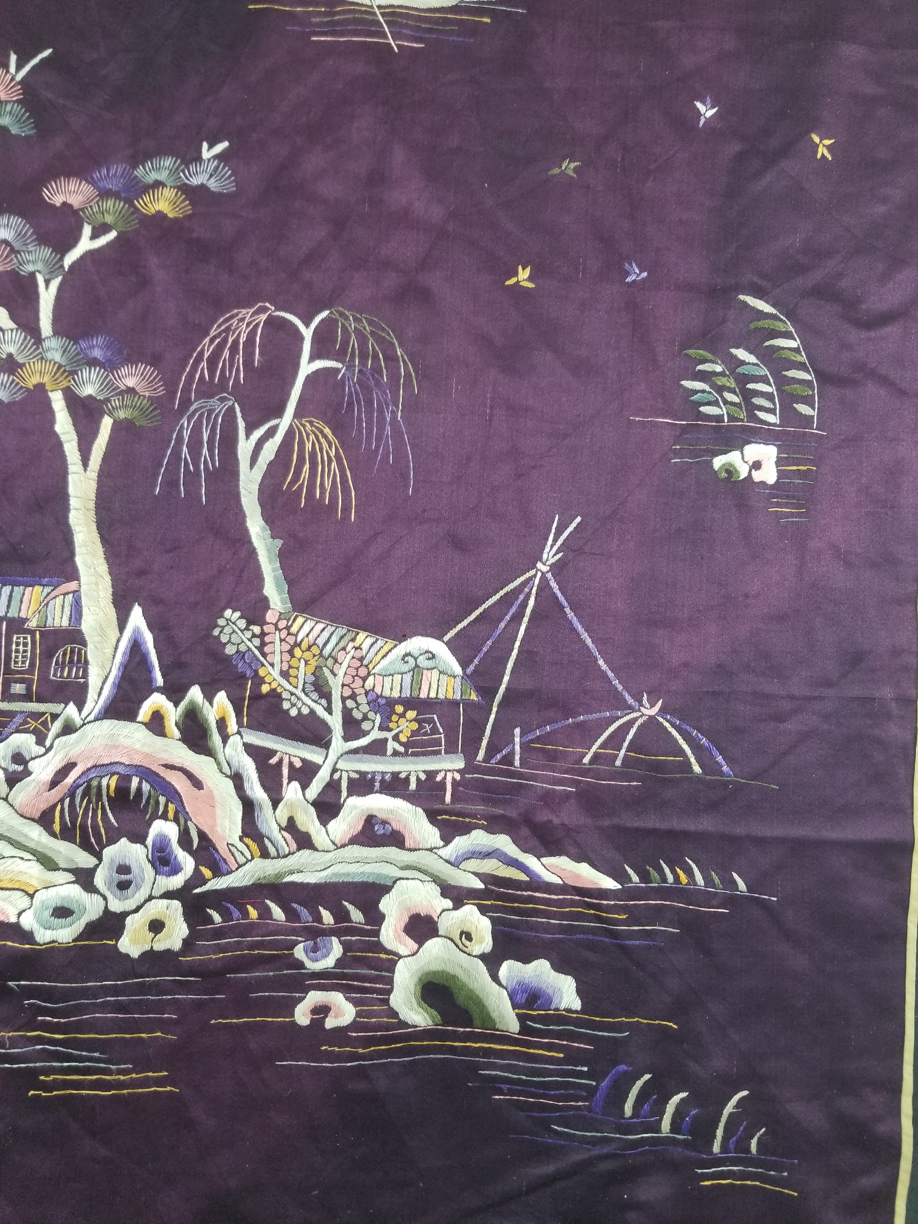 Vintage Chinese Hand Embroidered Chinoiserie Landscape Silk Tapestry 183x78cm
