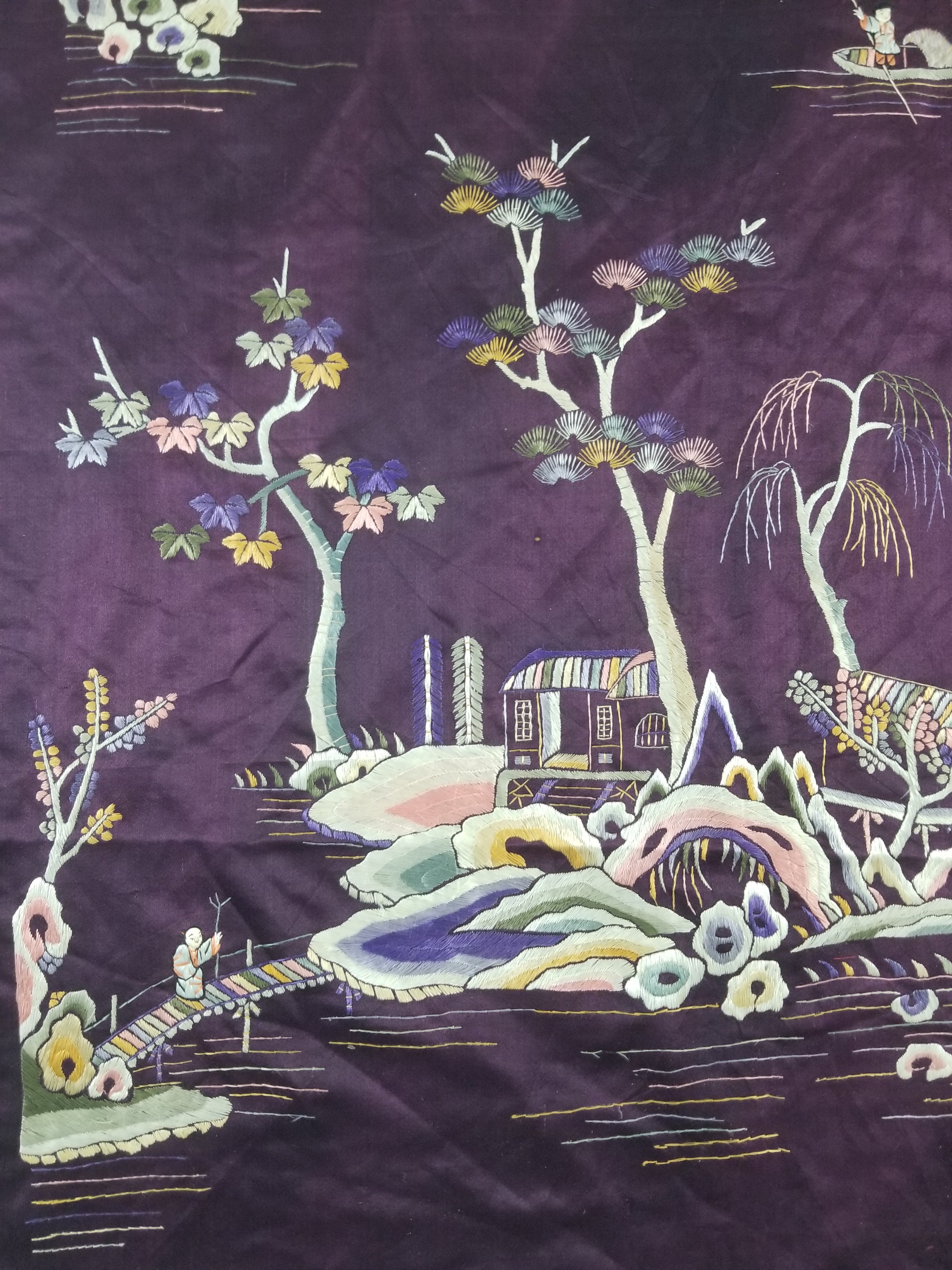 Vintage Chinese Hand Embroidered Chinoiserie Landscape Silk Tapestry 183x78cm