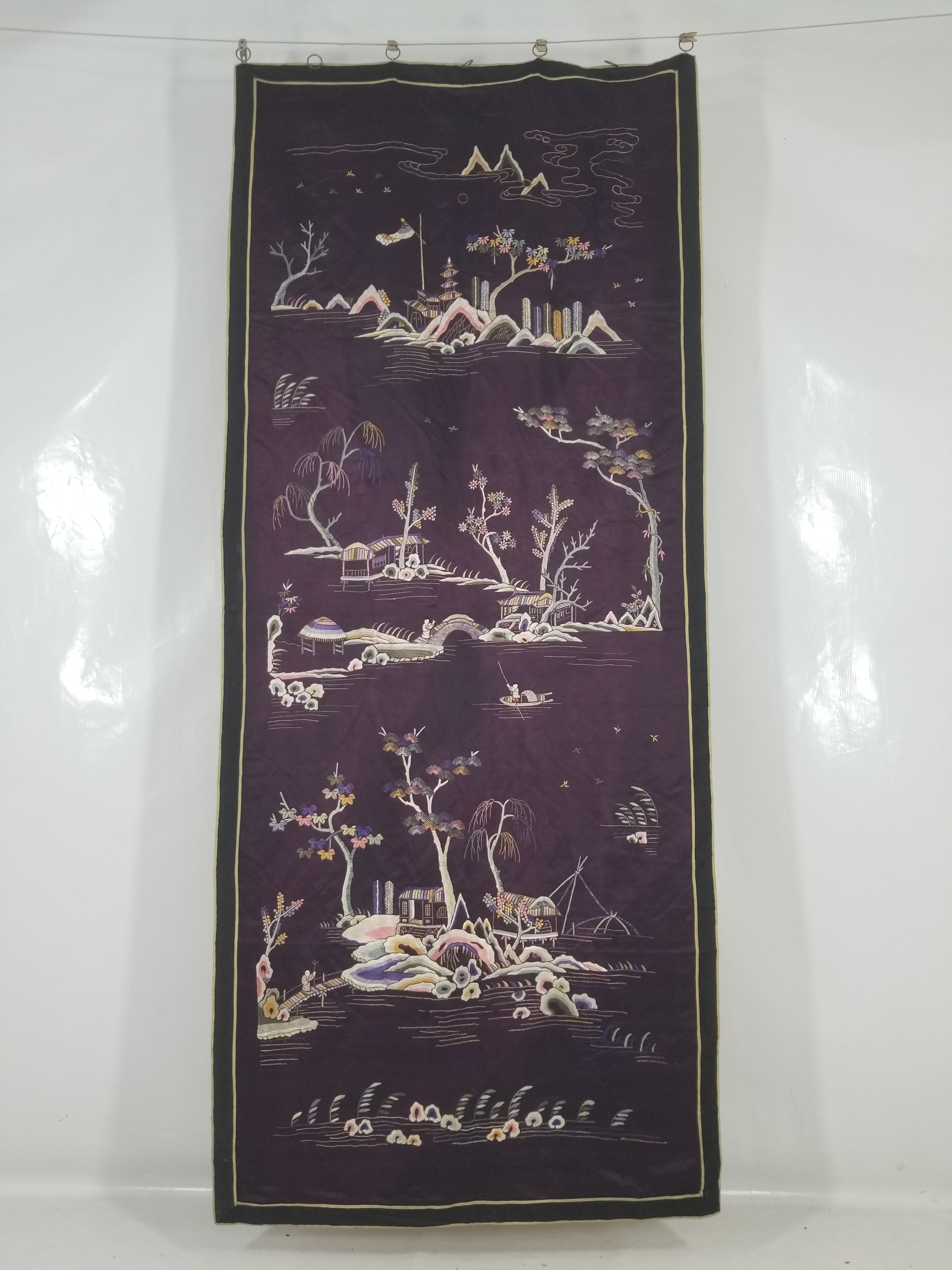 Vintage Chinese Hand Embroidered Chinoiserie Landscape Silk Tapestry 183x78cm