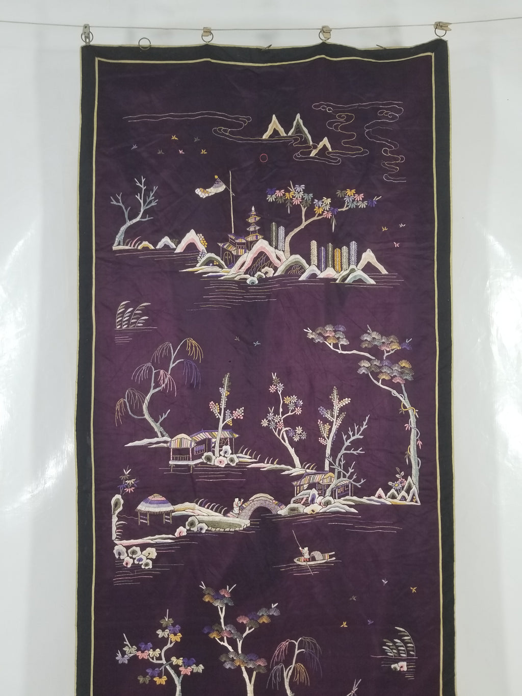 Vintage Chinese Hand Embroidered Chinoiserie Landscape Silk Tapestry 183x78cm