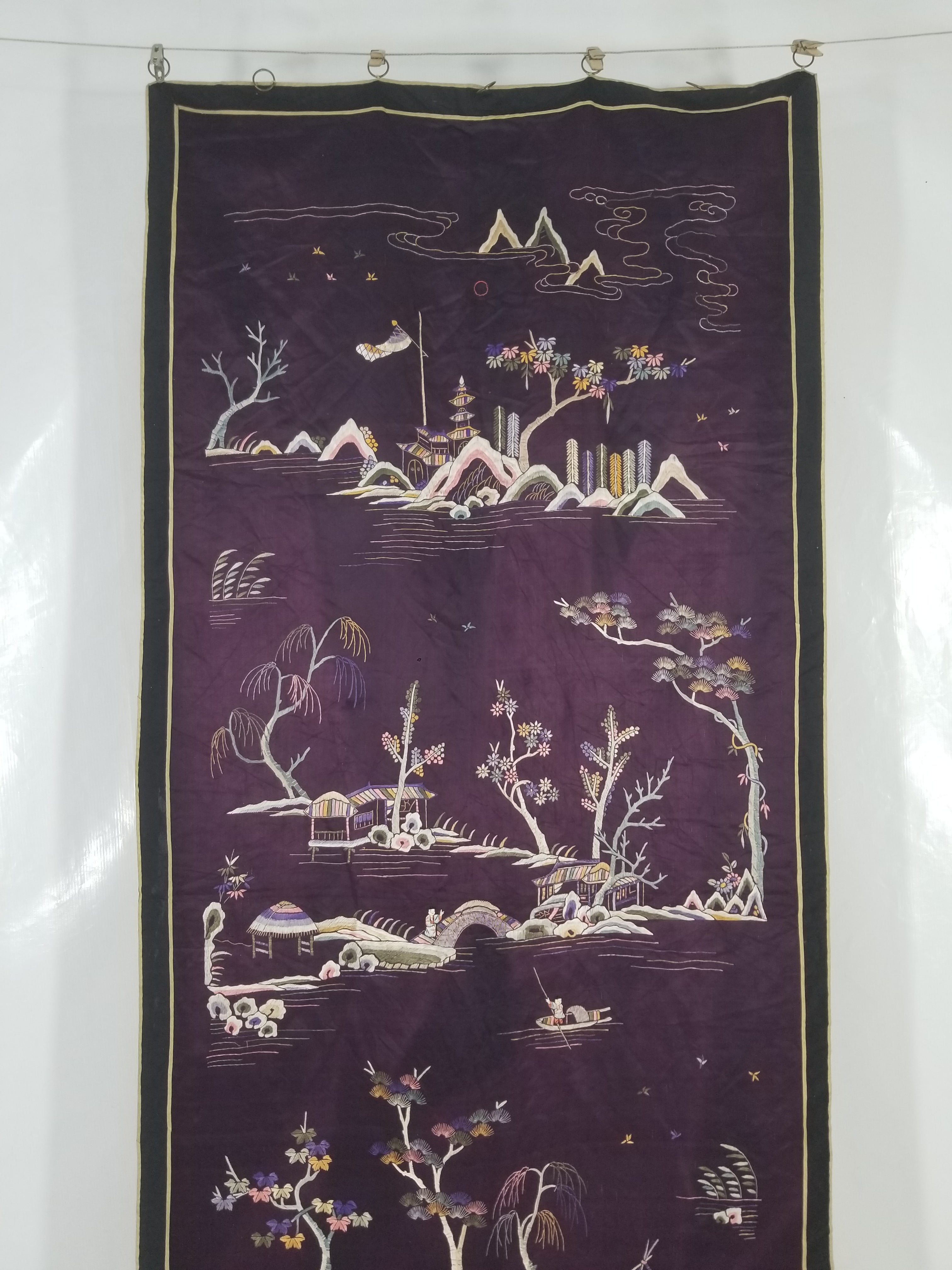 Vintage Chinese Hand Embroidered Chinoiserie Landscape Silk Tapestry 183x78cm