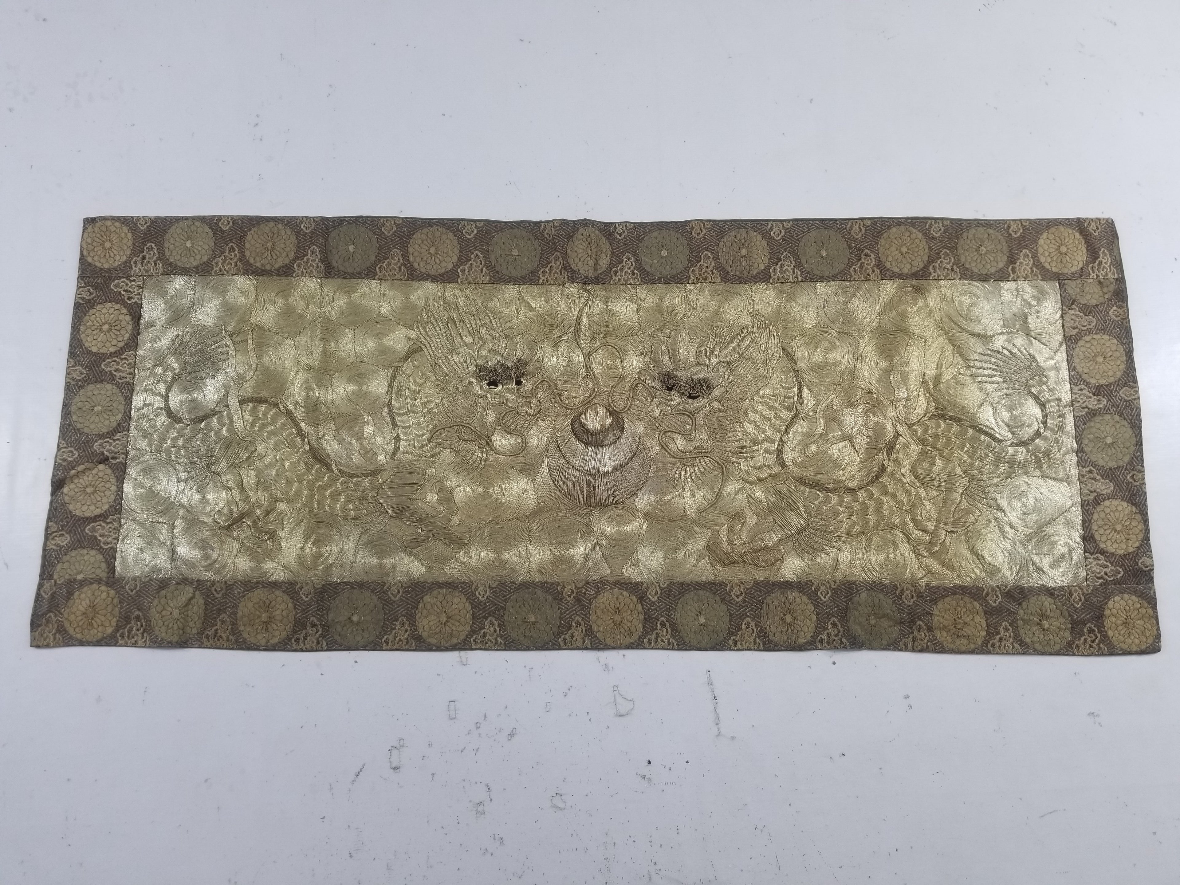 Vintage Chinese Silver Metallic Embroidered Dragon Tapestry 150x61cm
